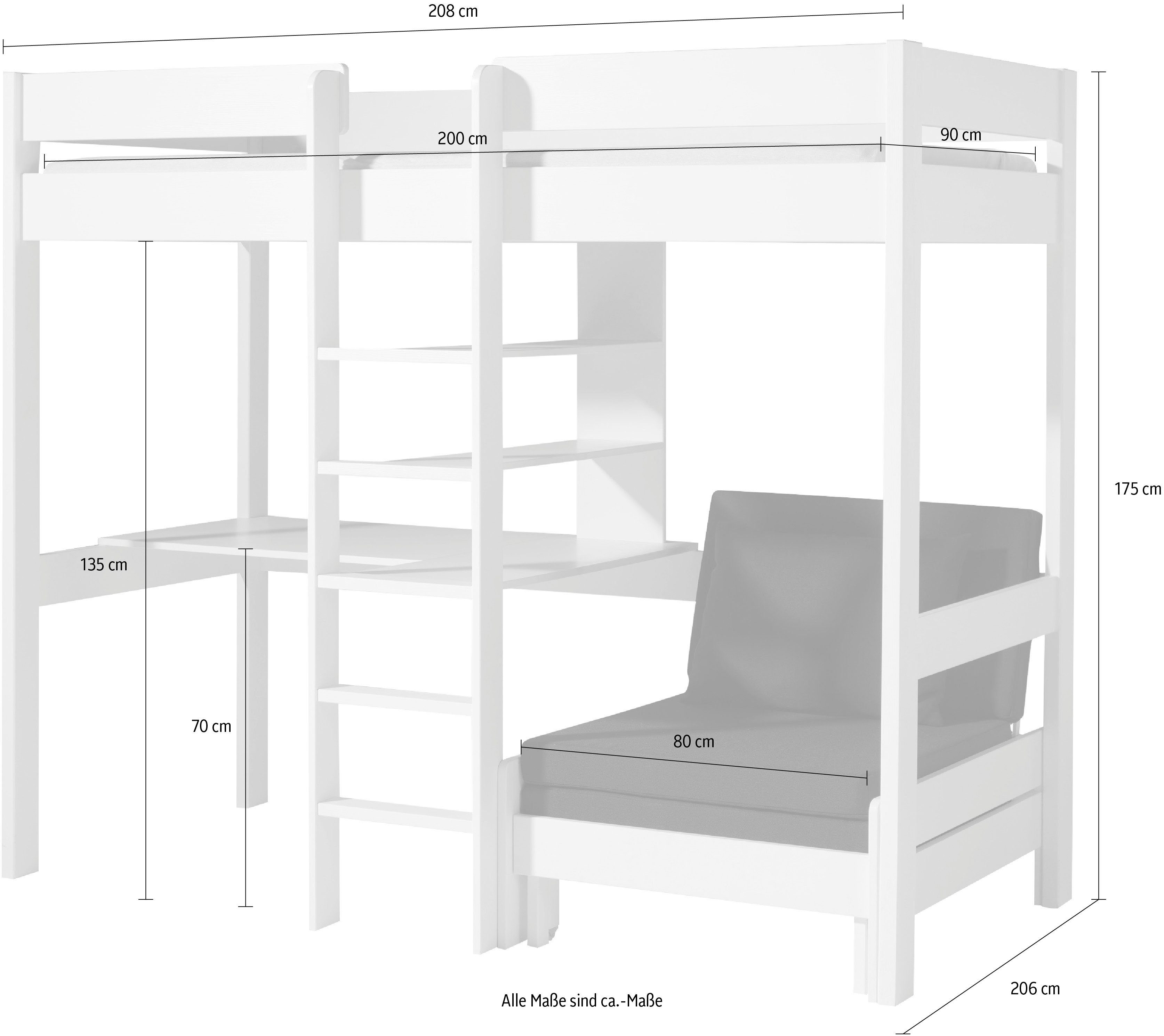 Vipack Hochbett Pino, Kiefer massiv, viel Funktion auf kleinem Raum, Made in Europe (B/H/T ca. 208x175x105/206cm, inkl. Schlafsessel, Schreibtisch, Regal) inkl. Rolllattenrost, Absturzschutz oben, 2 Farben zur Auswahl