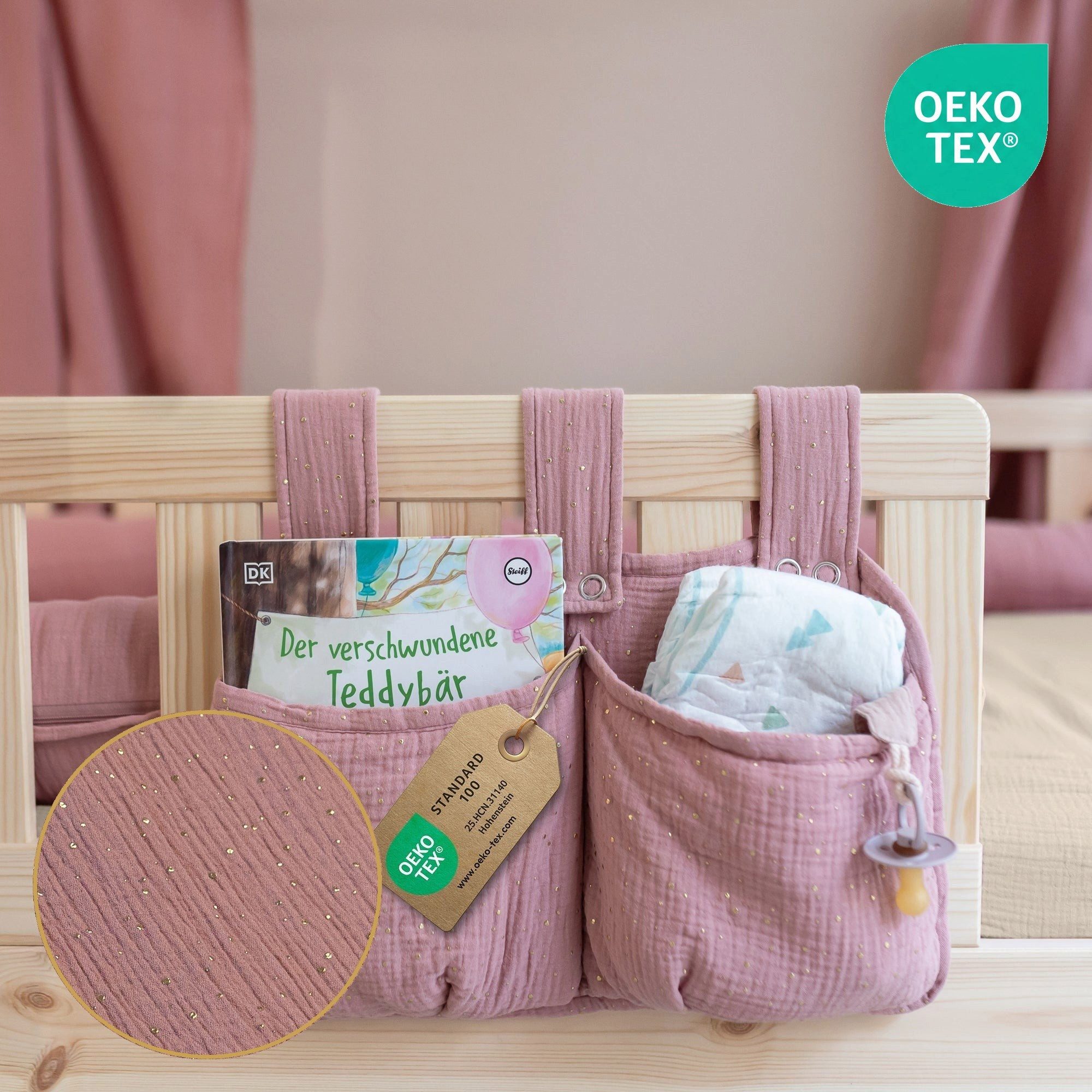 lilimaus Betttasche Bett-Organizer für Kinderbett - Tasche für Spielzeug & Bücher (1-tlg), Bücher & Kuscheltiere griffbereit am Bett - optional mit Gold