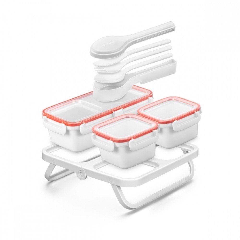 Tescoma Lunchbox Lunchbox-Set Isoliertasche), mit besteht Isolierschicht und einem kühlschrank-, Essbesteck Dosen, Hülse, FRESHBOX, mit Set (Set, einem 7-tlg., 3 Synthetik, Isoliertasche, Servierhalter luftdichten tiefkühltruhe- aus einer mikrowellengeeignet, und
