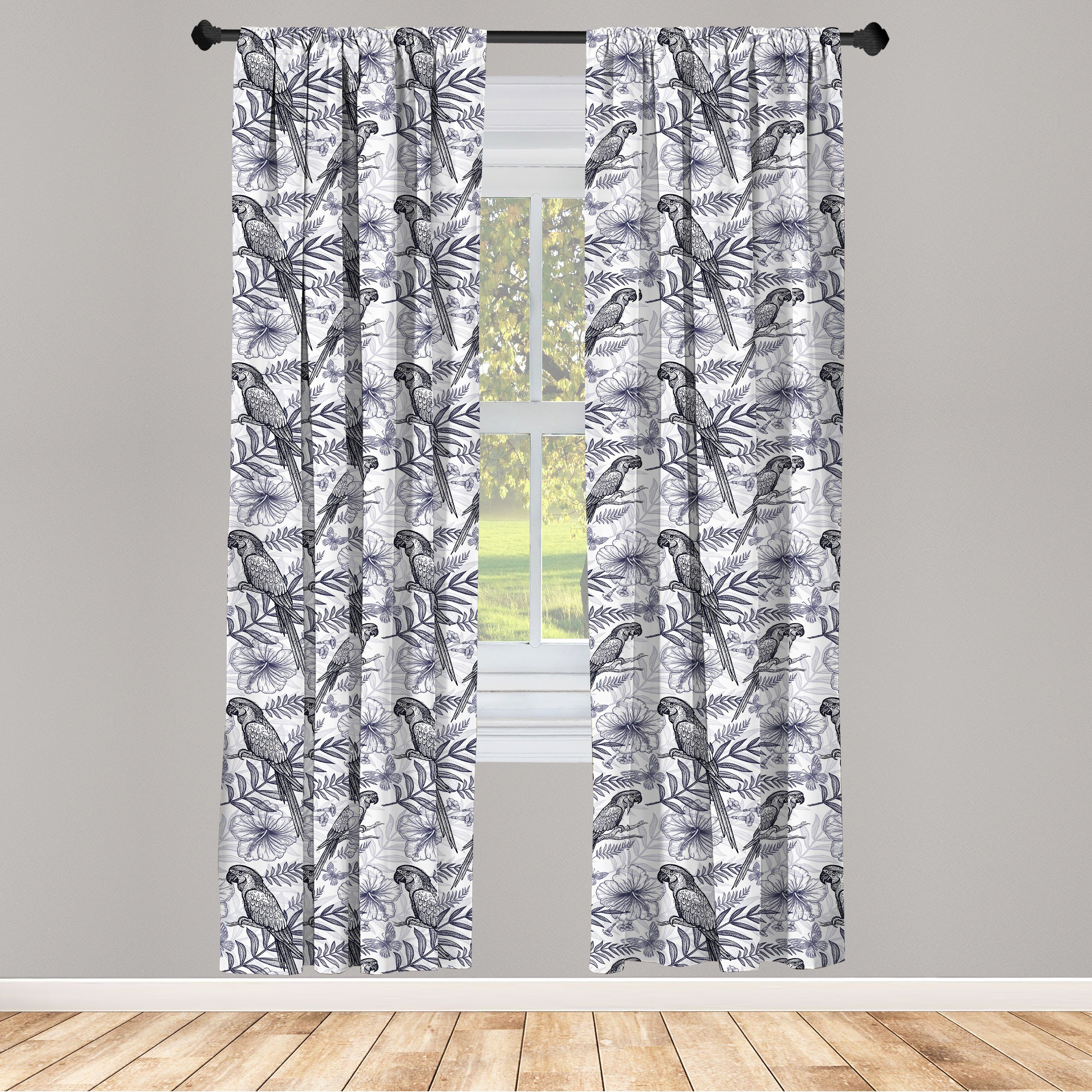 Gardine Vorhang für Wohnzimmer Schlafzimmer Dekor, Abakuhaus, Microfaser, Vintage Palm Tropischer Vogel und Blatt