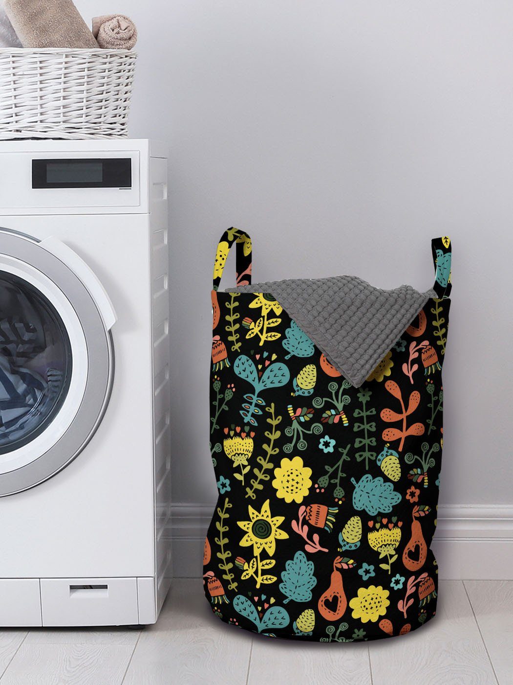 Abakuhaus Wäschesäckchen Wäschekorb mit Griffen skandinavischen Blumen Kordelzugverschluss Waschsalons, Stil Blumen für