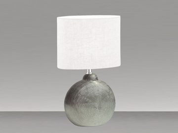 meineWunschleuchte LED Nachttischlampe, LED wechselbar, Warmweiß, Lampen-Fuß Keramik Silber, Lampenschirm oval Leinen Weiß, 39cm klein