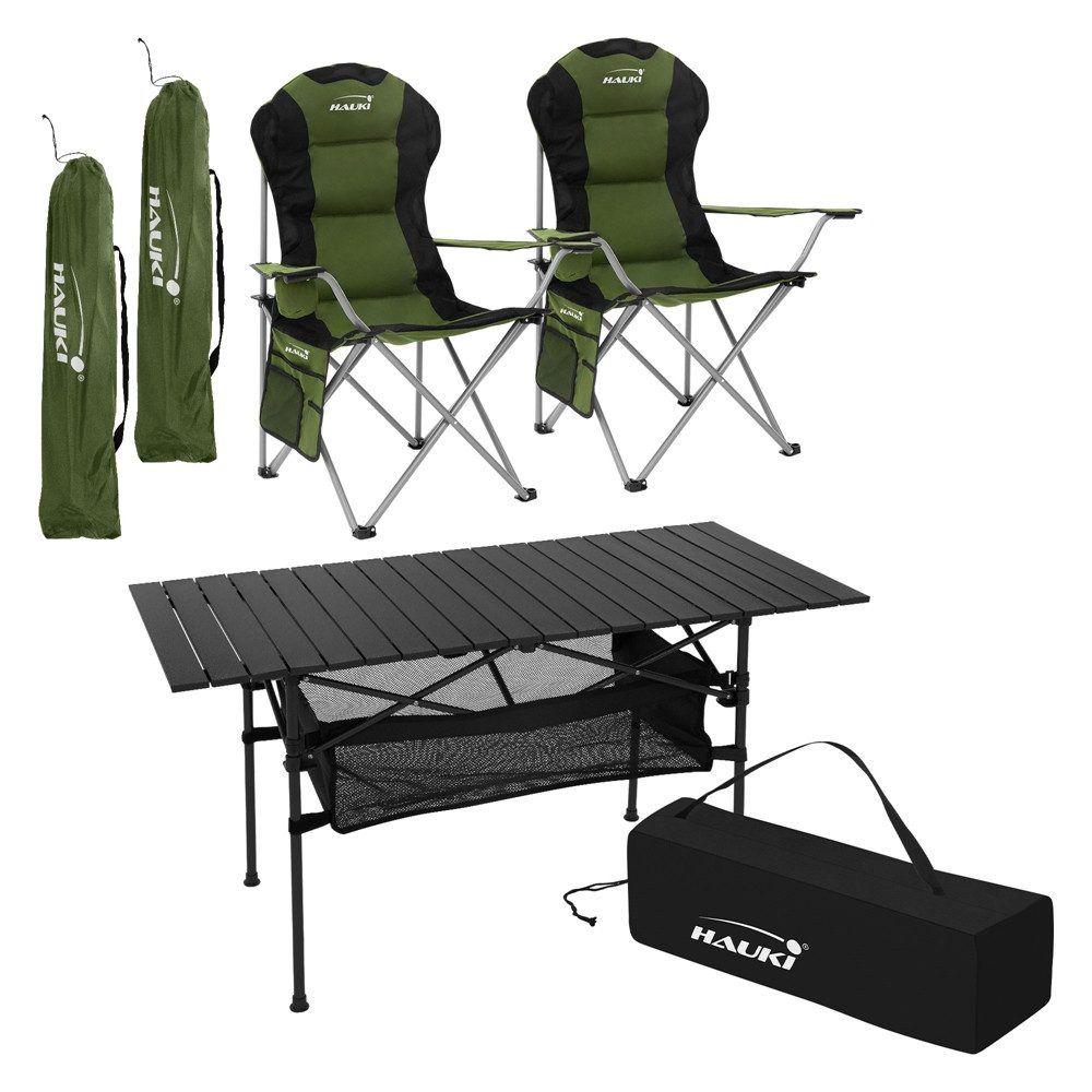 Hauki Campingtisch Campingmöbel Set für 2 Person mit Tragetasche Gartenmöbel Sitzgruppe (3-St), Camping-Set mit Aluminium Klapptisch inkl. 2 Campingstuhl Grün
