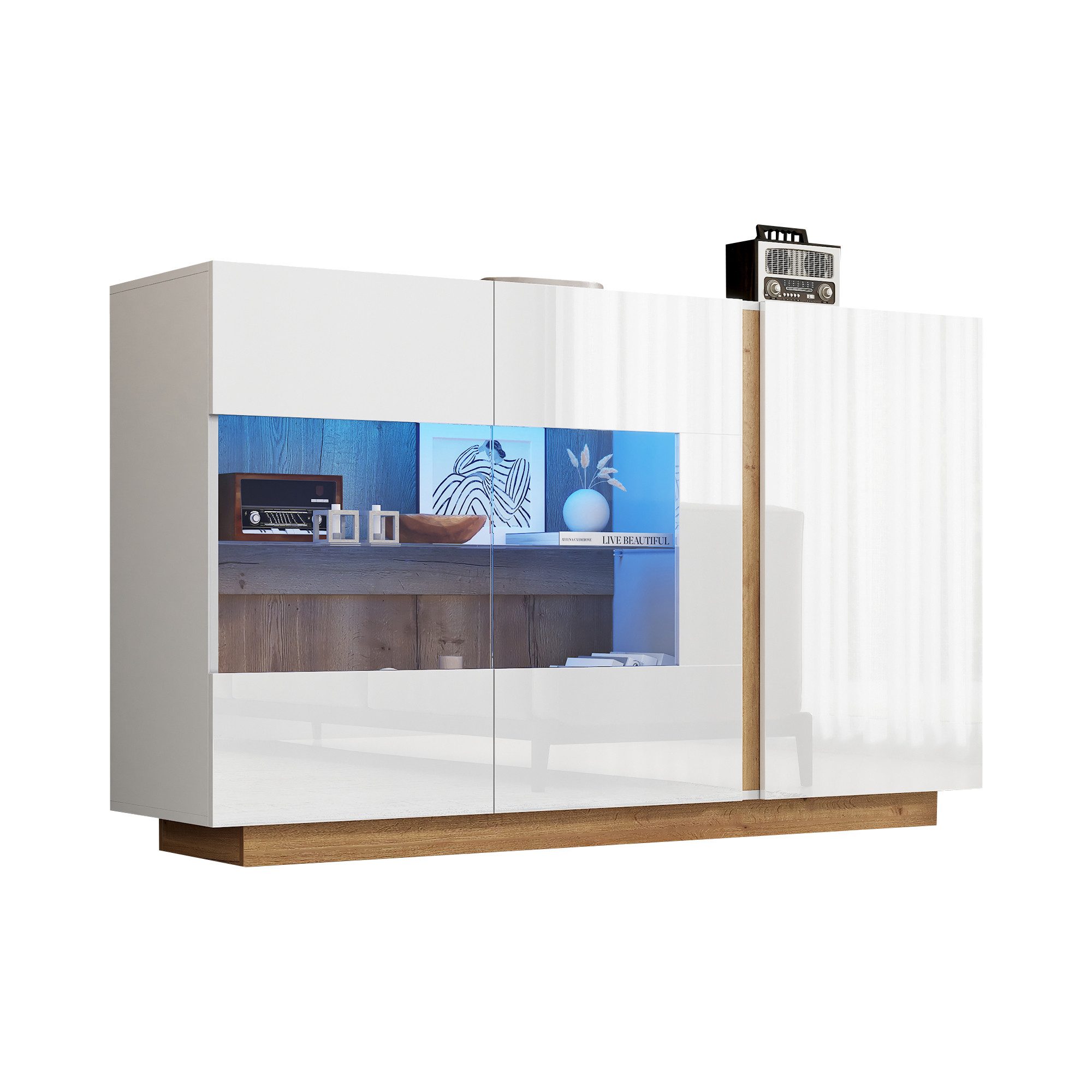 Merax Sideboard Hochglanz Kommode mit LED und Glastür (Modernes Design für günstig online kaufen