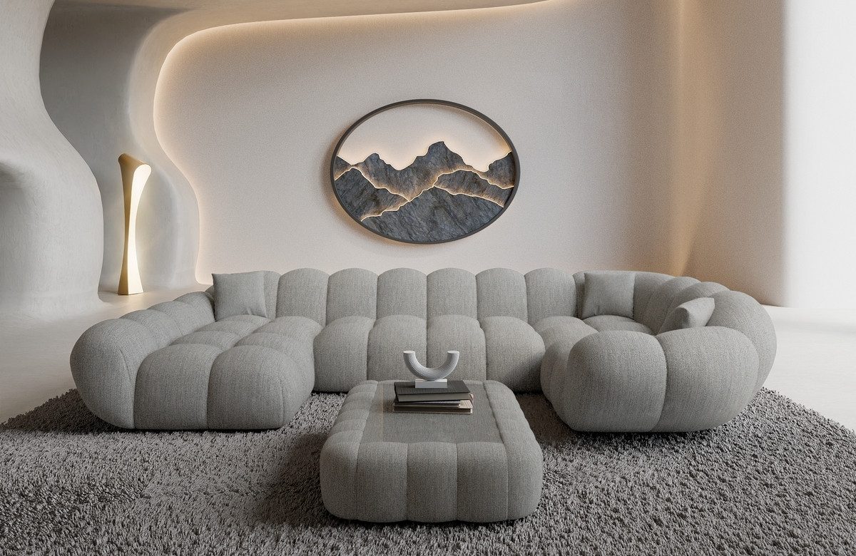 Sofa Dreams Wohnlandschaft Maleron U Form Design Stoffsofa, 6-Sitzer, Polsterecke, Ottomane links, Strukturstoff Hellgrau, Sofa U-form