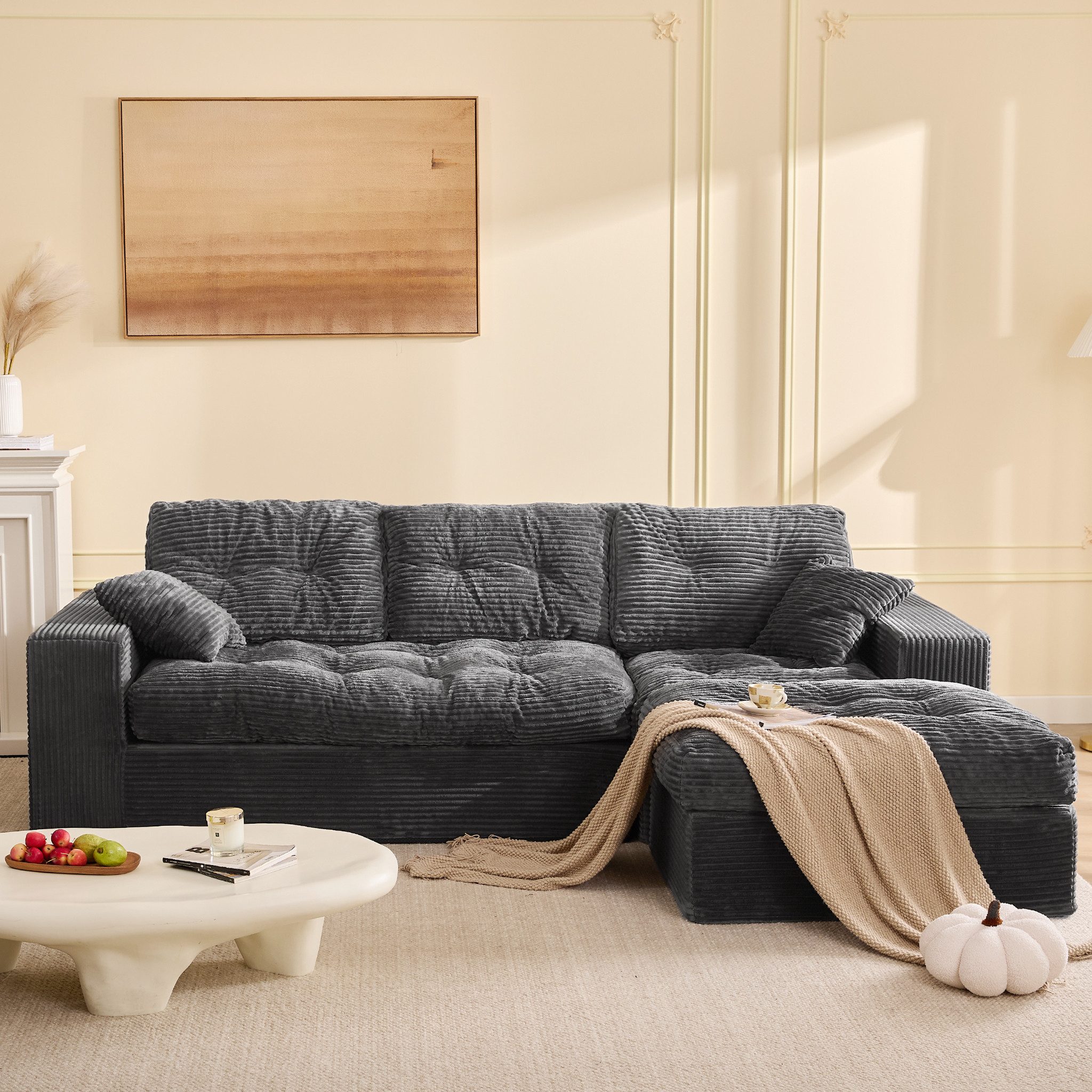 LITBIRD Ecksofa 3-Sitzer Sofa mit Marshmallow-Softpolster & Modulares Recamiere Sofa, 1 Teile, Cordstoff Schlafsofa & Relaxsofa, Wohnzimmer Sofa