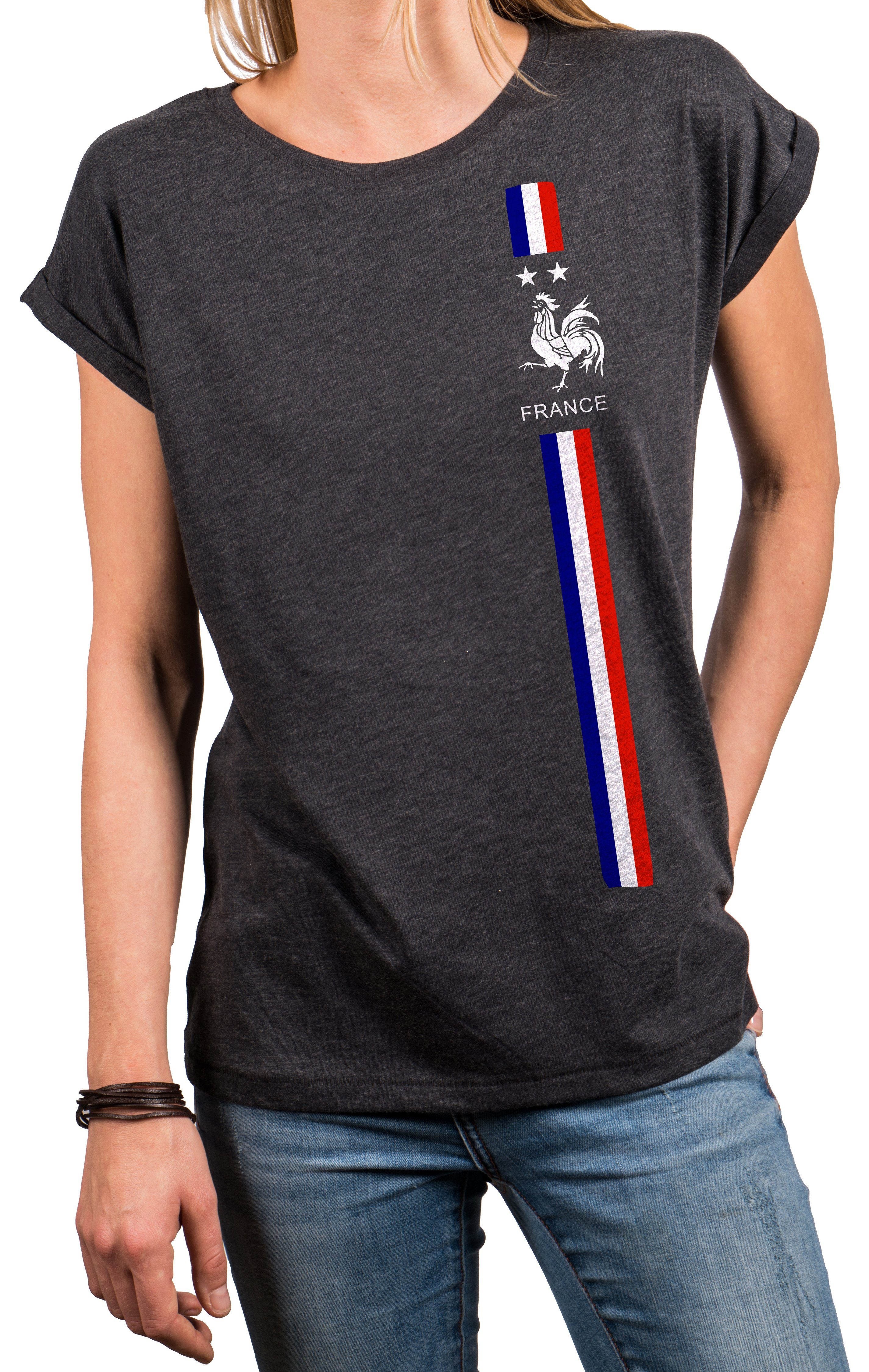 MAKAYA Print-Shirt Damen Kurzarmshirt Baumwolle Frankreich Fahne Flagge Trikot Top Tunika, große Größen Grau