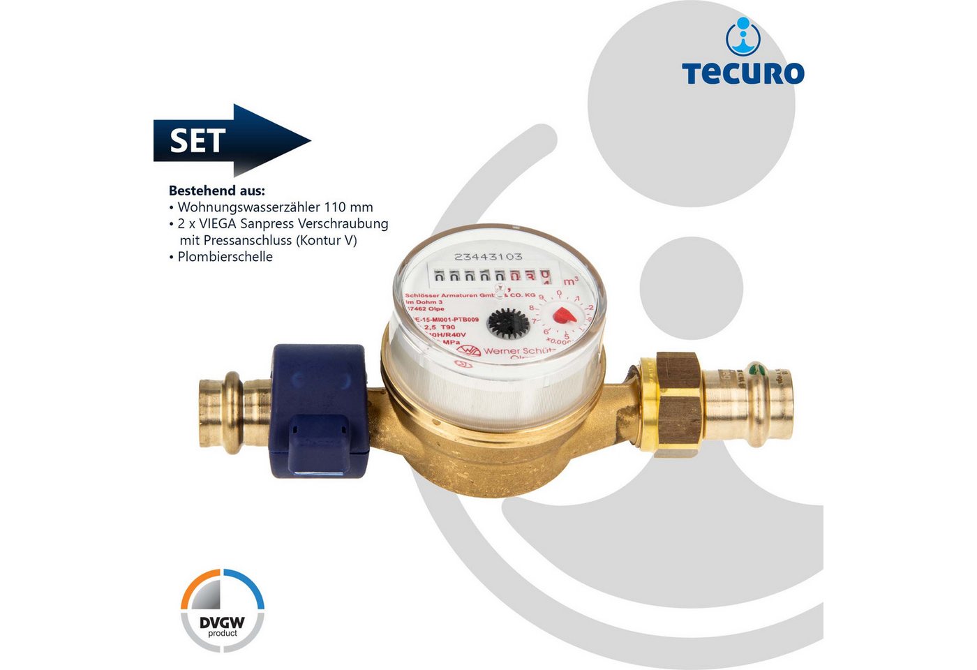 Thumbnail - tecuro Wasserzähler Kombi-Set Warmwasser bis 90°C - Länge 110 mm, 3/4 Zoll AG, (inkl. Plombiersatz und Dichtung)