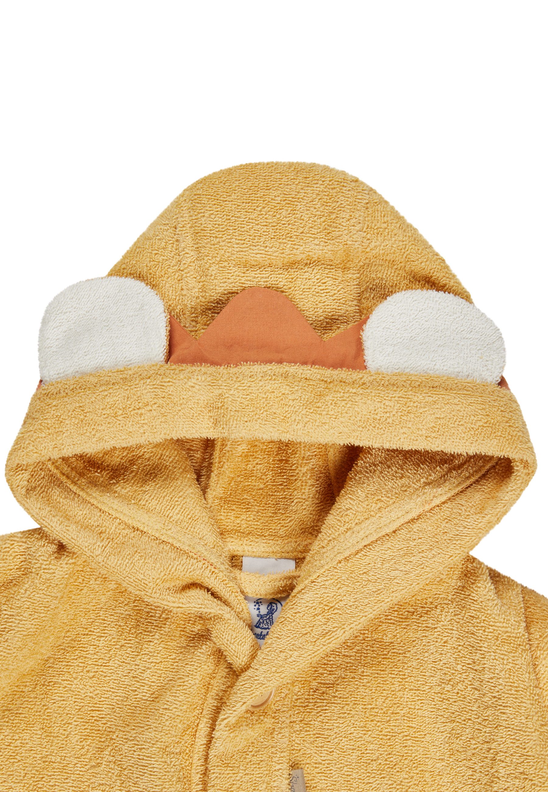 Sterntaler® Babybademantel Bademantel LÖWE Leo, lange Arme, 100 % Baumwolle, aus saugfähiger Baumwolle, kuschelweiche Frotteequalität, mit Kapuze und Gürtel, 3D Elemente an der Kapuze, edle Holzknöpfe, Knöpfe