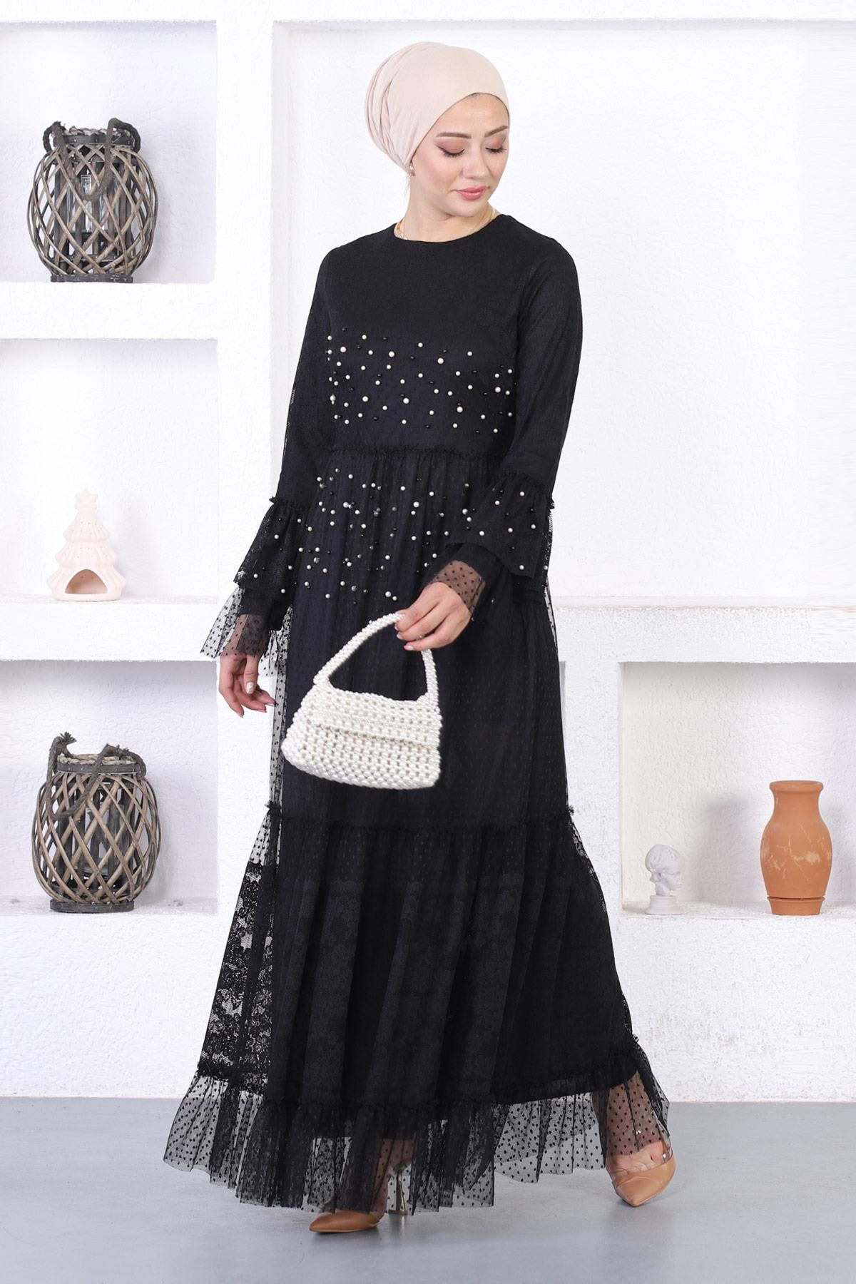 MODAMİHRAM Abendkleid Perlen Spitze Rüschen Ärmel Abendkleid