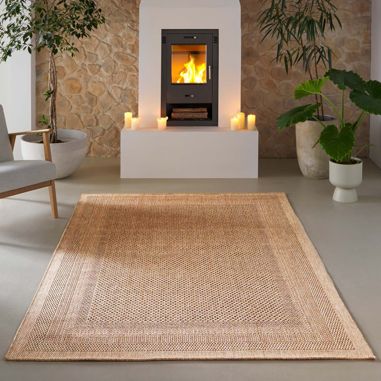 TaraCarpet Teppich TaraCarpet Borneo Bordüre Outdoor Teppich – Wetterfester Indoor &, rechteckig, Höhe: 6 mm, Küche Wohnzimmer Terrasse Garten Balkon beige 80x150
