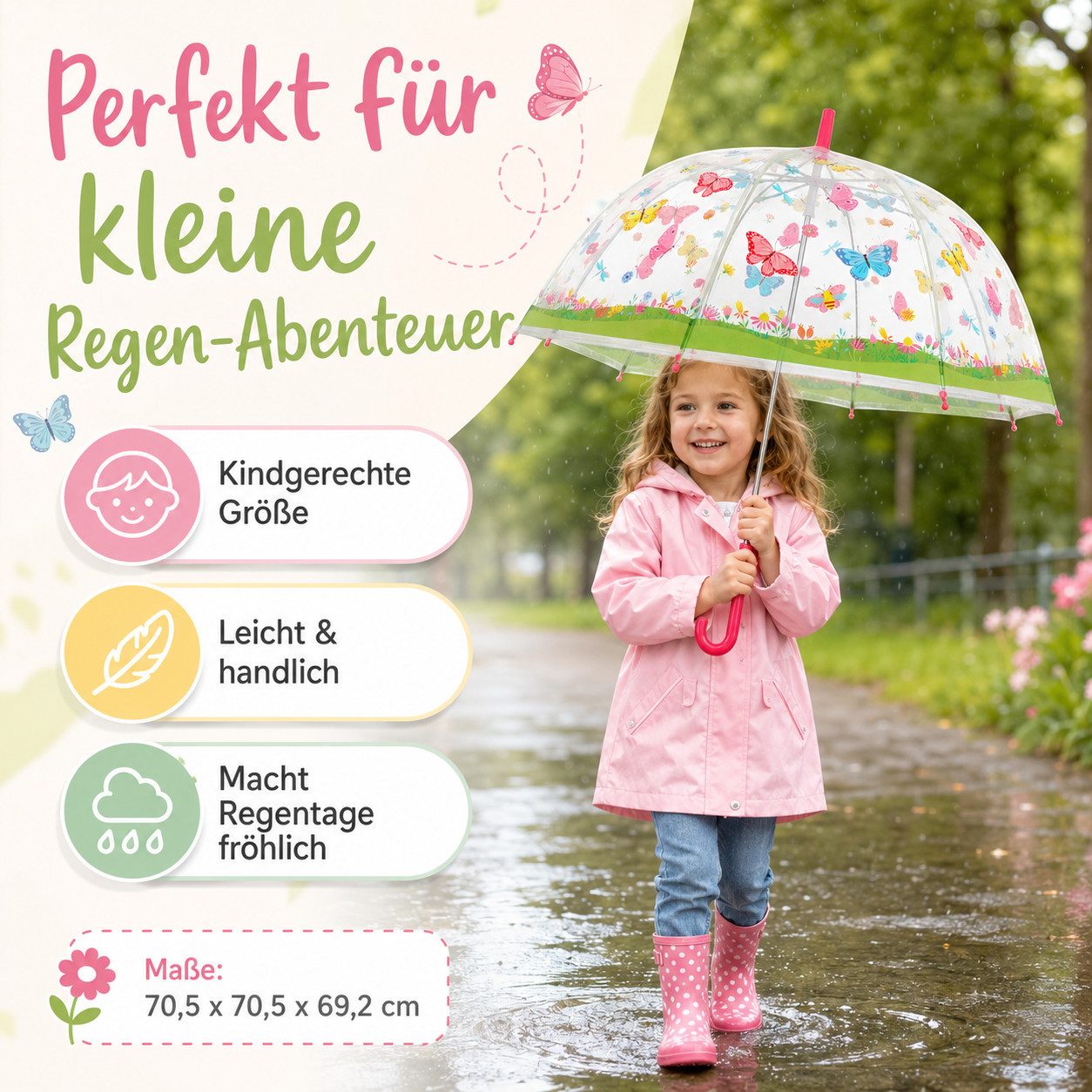 esschert design Langregenschirm Kinderschirm transparent mit Schmetterlingen für mehr Spaß