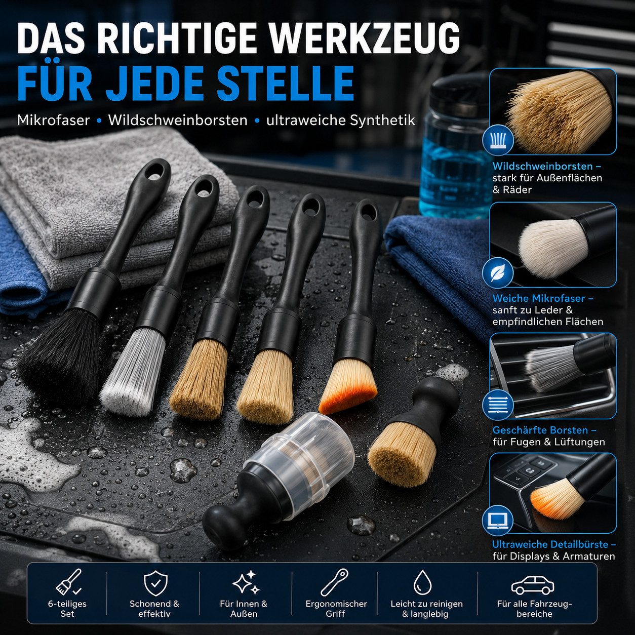 Luckice Autowaschbürste Autopflege Bürsten‑Set mit Wildschweinborsten für Innen, Fensterscheiben, Zierleisten, Lüftungsschlitze, Motoren und Sitzspalten, Tastat – Bild 4 von 5