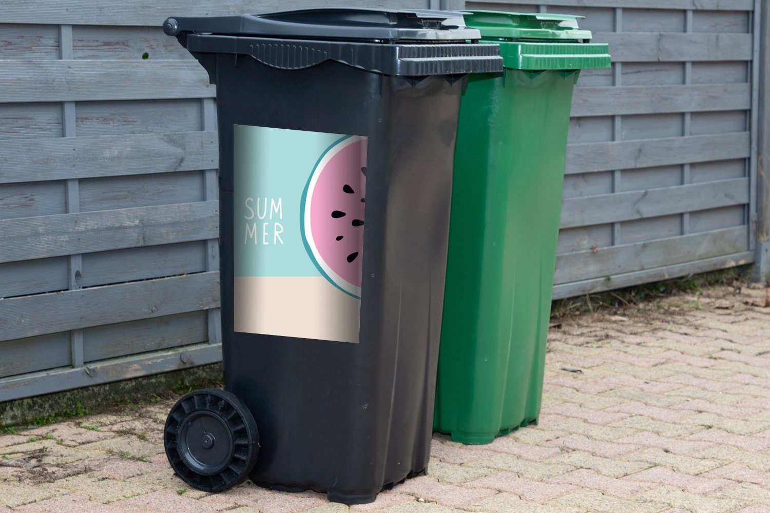 MuchoWow Wandsticker - Sticker, (1 - Pastell Abfalbehälter St), Mülltonne, Container, Wassermelone Blau Mülleimer-aufkleber