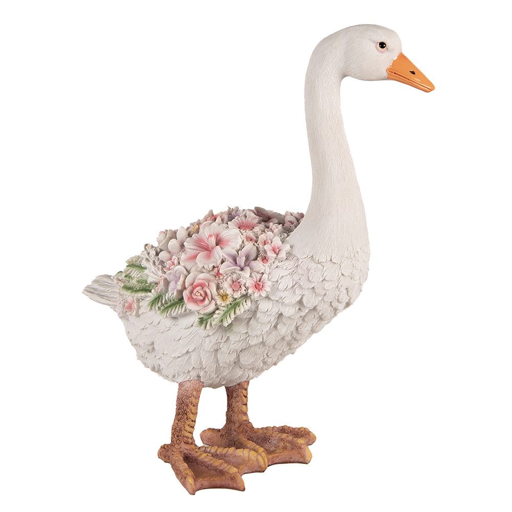 Tierfigur Große Dekofigur Gans mit Blumen – 45 cm, Weiß & Rosa, Polyresin