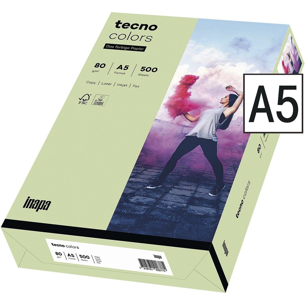 Inapa tecno Drucker- und Kopierpapier Rainbow, Pastellfarben, Format DIN A5, 80 g/m² mittelgrün