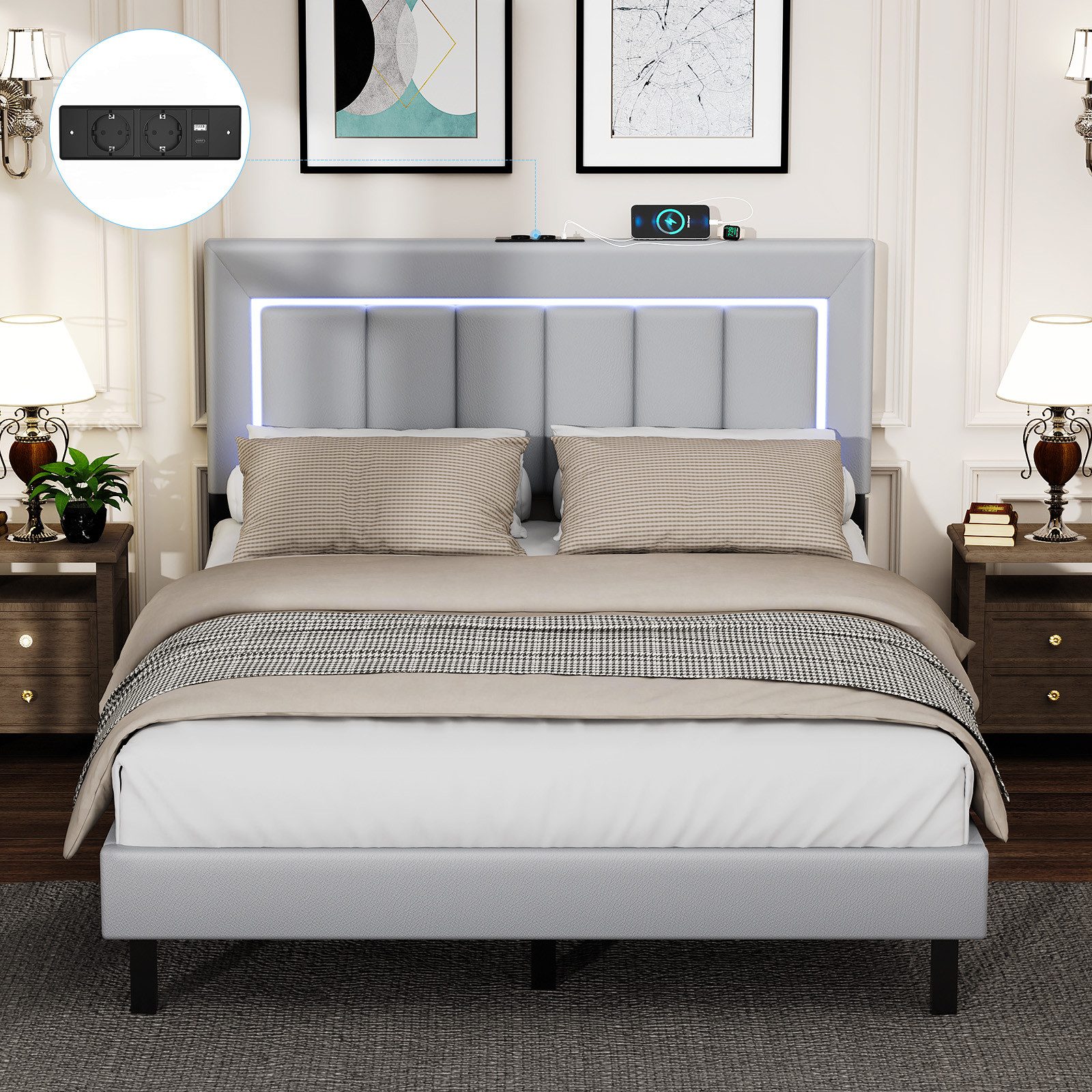 oyajia Polsterbett Polsterbett Doppelbett mit USB+Type C und LED-Beleuchtung (Jugendbett, Bettgestell), 90/140x 200 cm,Gepolstert,Kunstleder,mit Kopfteil und La – Bild 4 von 5
