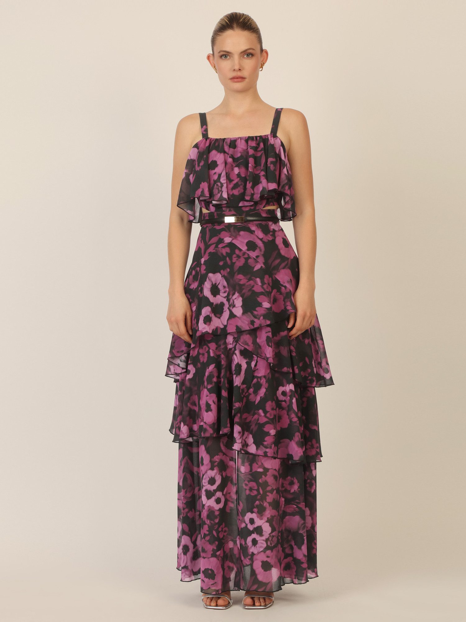 Apart Chiffonkleid mit Volants und Metallic-Gürtel günstig online kaufen