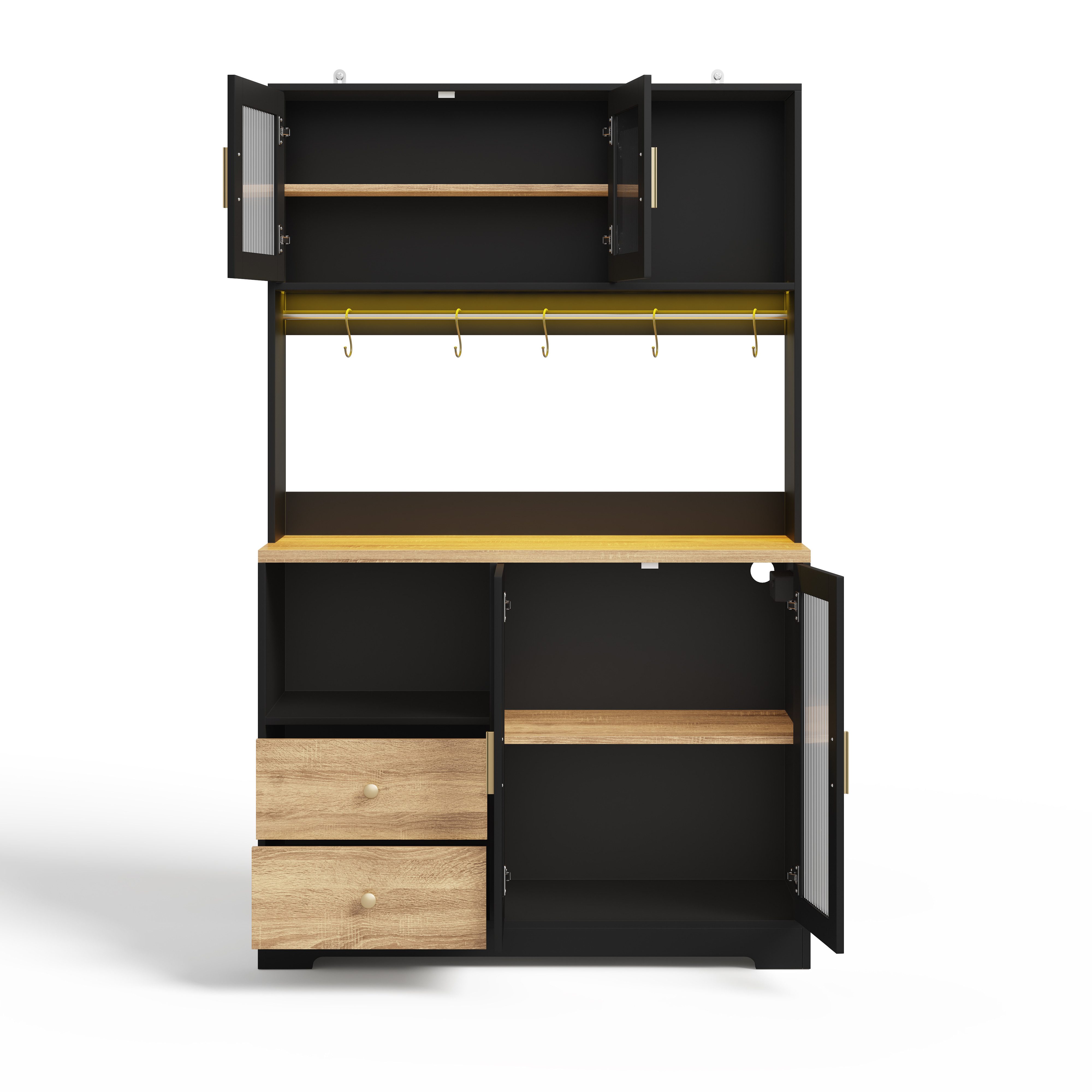 Flieks Küchenbuffet Hochschrank mit Arbeitsplatte in Holzoptik, Steckdose, LED-Beleuchtung (B110/T40/H178 cm, 1-St., Multifunktionsschrank mit Haken, Ladenfunkt – Bild 5 von 5