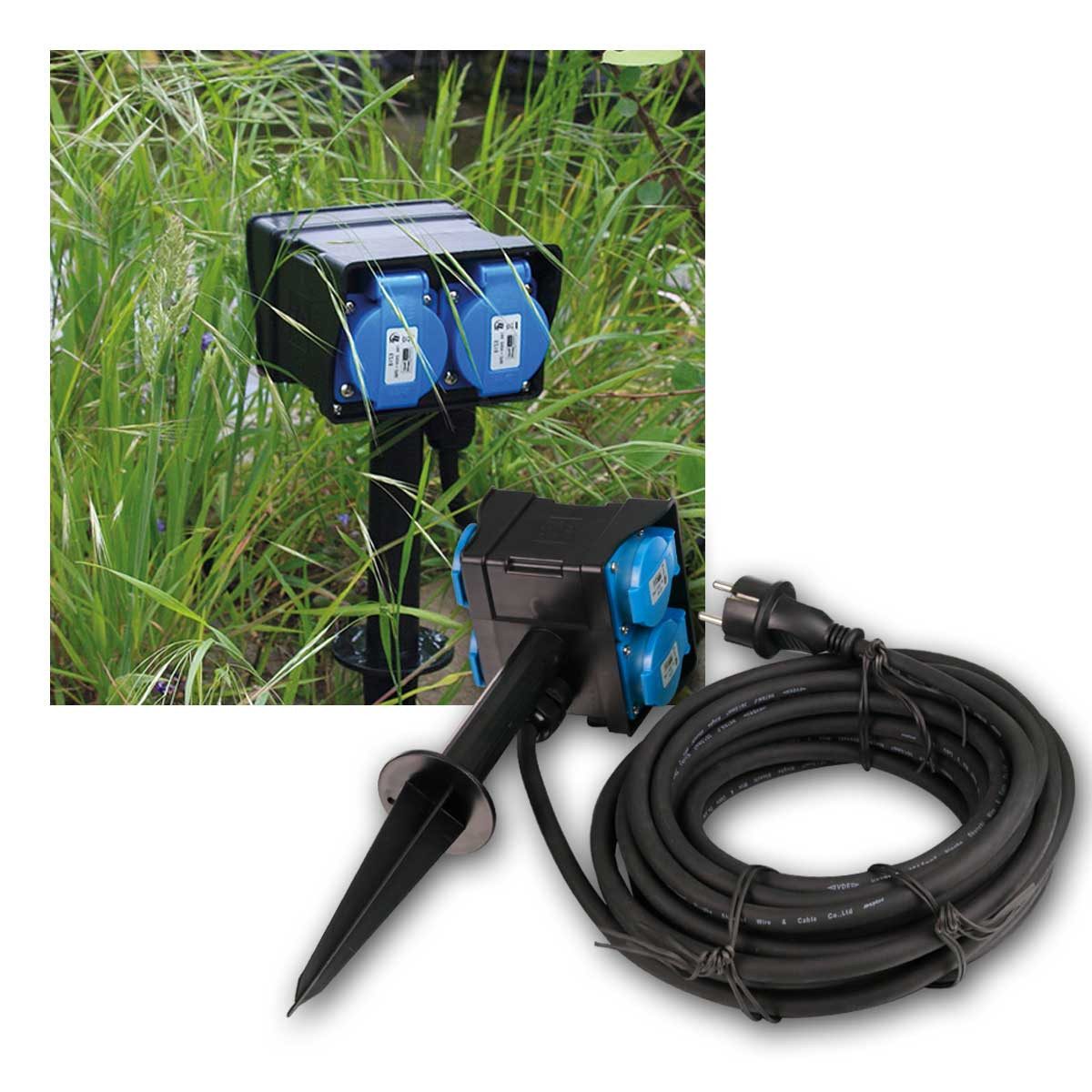 ChiliTec Gartensteckdose Gartensteckdose mit Erdspieß 4-fach IP44 10m Kabel