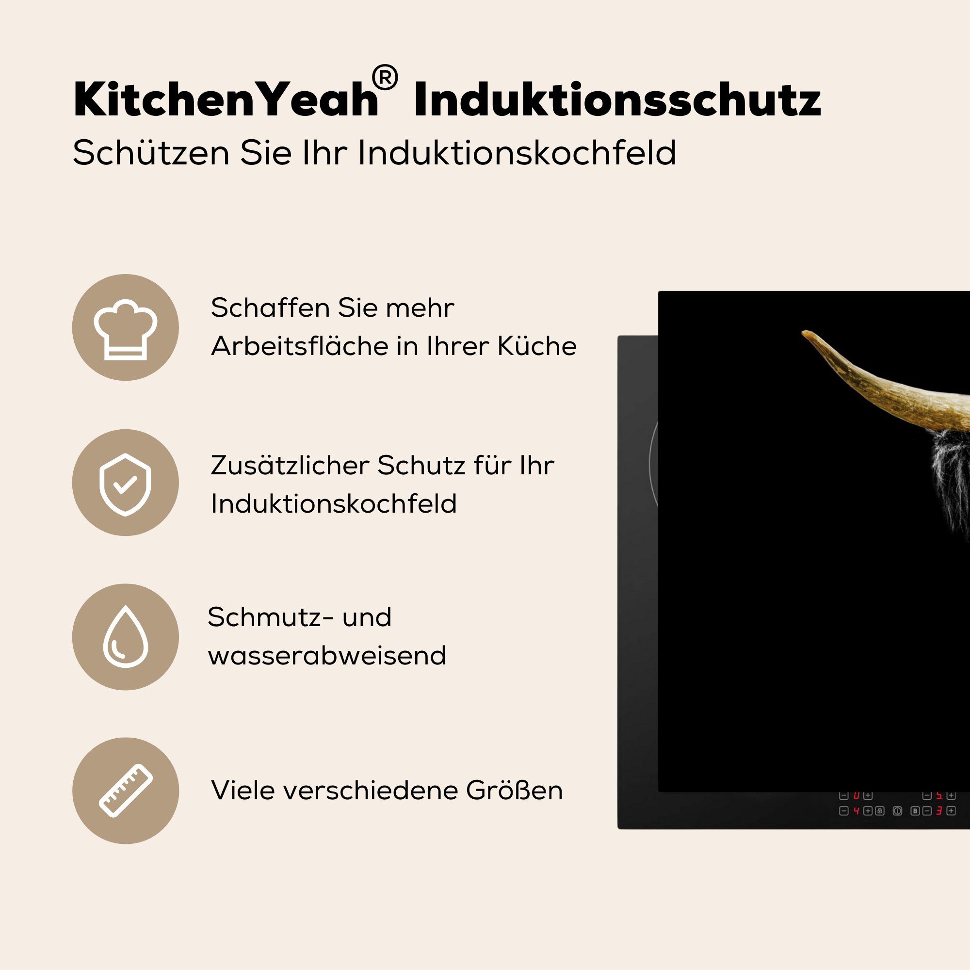 MuchoWow Herdblende-/Abdeckplatte Schottischer - für - Ceranfeldabdeckung (1 Kühe küche, Horn Induktionskochfeld 71x52 cm, Gold, Schutz tlg), die - Vinyl, Hochländer