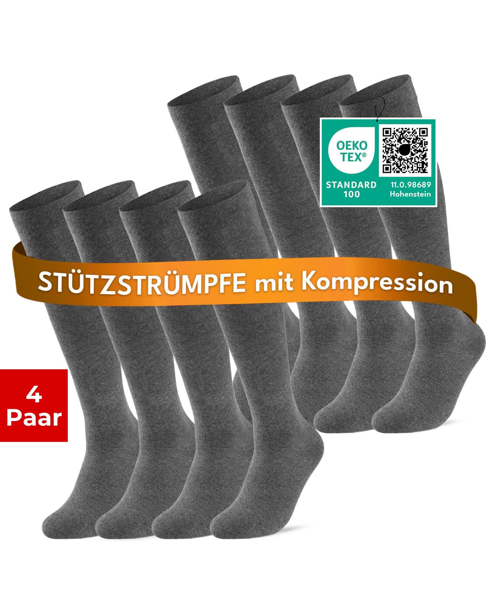 sockenkauf24 Stützkniestrümpfe Kompressionsstrümpfe Reisestrümpfe Stützstrümpfe mit Kompression (Grau, 4-Paar, 39-42) aus Baumwolle für Damen & Herren mit Komfortbund