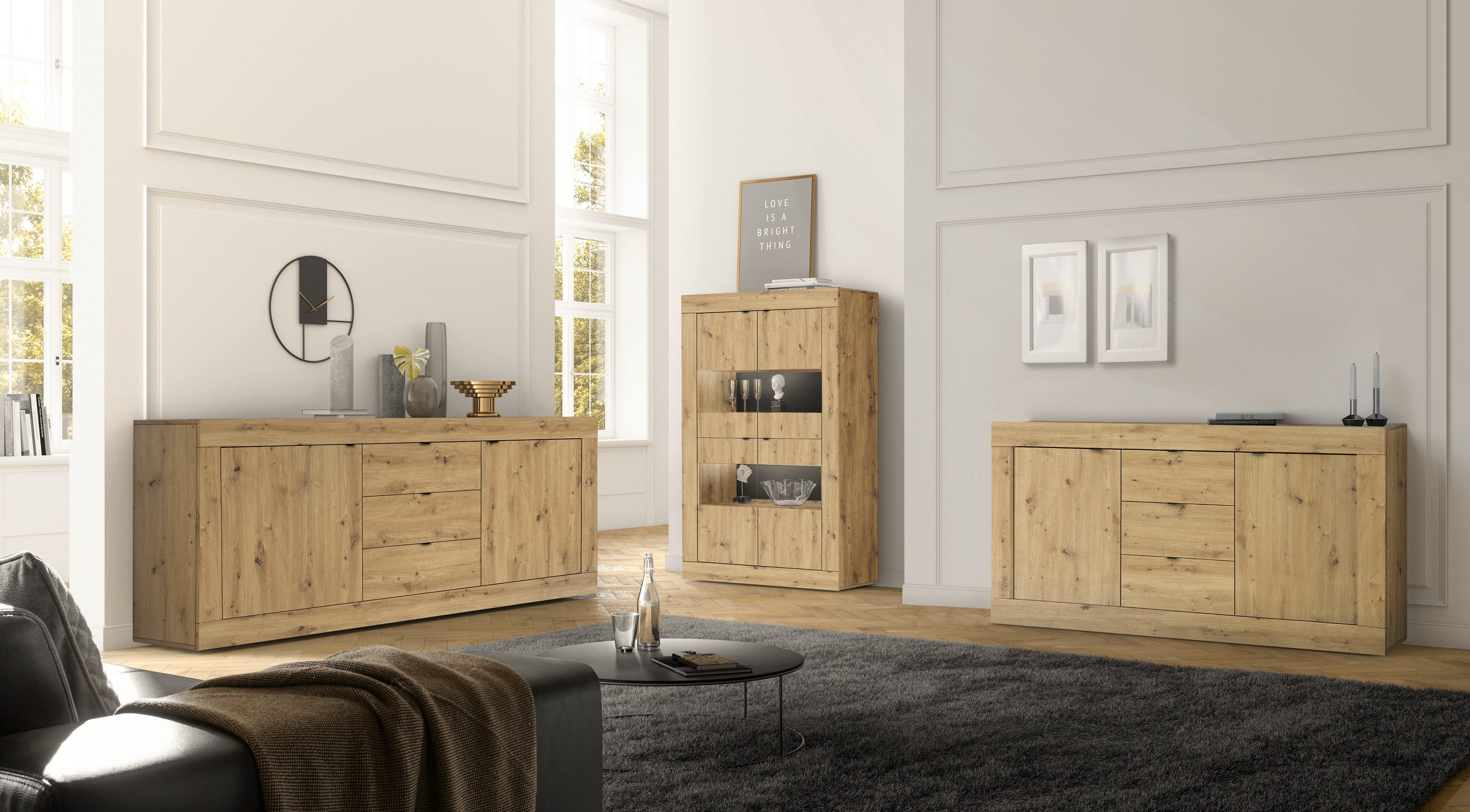 Home affaire Sideboard Basic Breite 210 cm, Kommode 2 Türen, 3 Schubkästen, Anrichte, Metallgriff, moderne Rahmenoptik, viel Stauraum, Farbauswahl