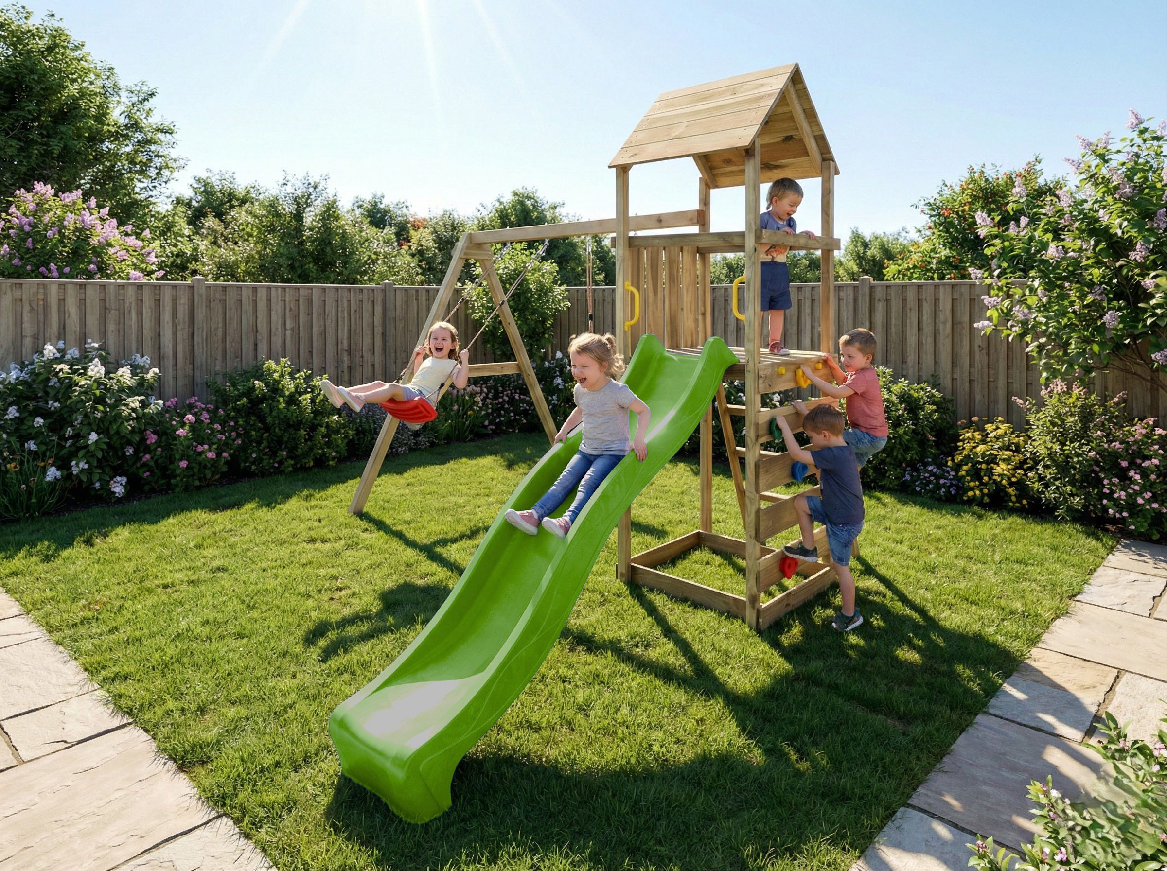 FUNGOO Spielturm MaxPlay 2.2, mit Rutsche, Doppelschaukel und Kletterwand