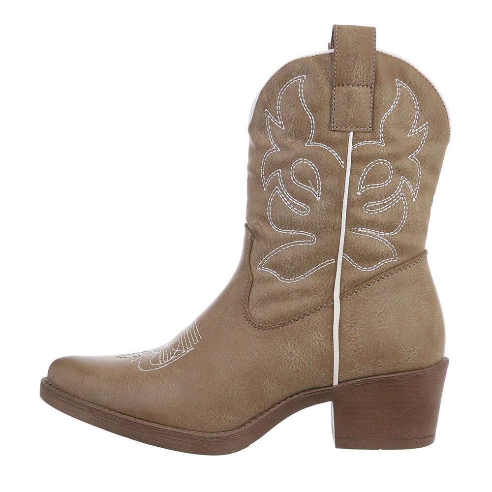 Ital-Design Damen Cowboyboots Western Westernstiefelette Blockabsatz Western- & Bikerboots in Hellbraun