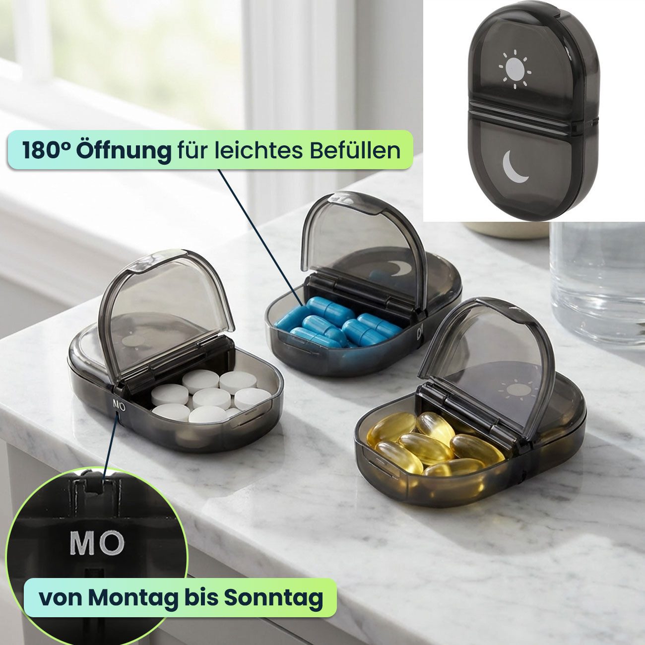 shop'n smile ideoon Pillendose Medikamentenbox 7 Tage, 2 Fächer Morgens Abends, Wochendosierer Medikamente - LFGB geprüft