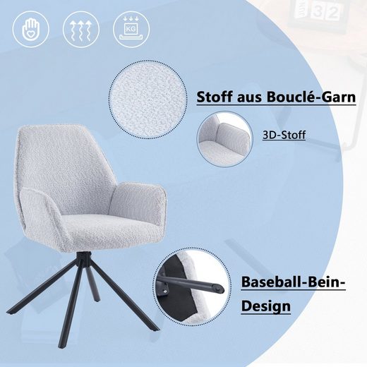 MERAX Polsterstuhl aus Bouclé-Stoff, Drehstuhl mit Armlehnen Grau