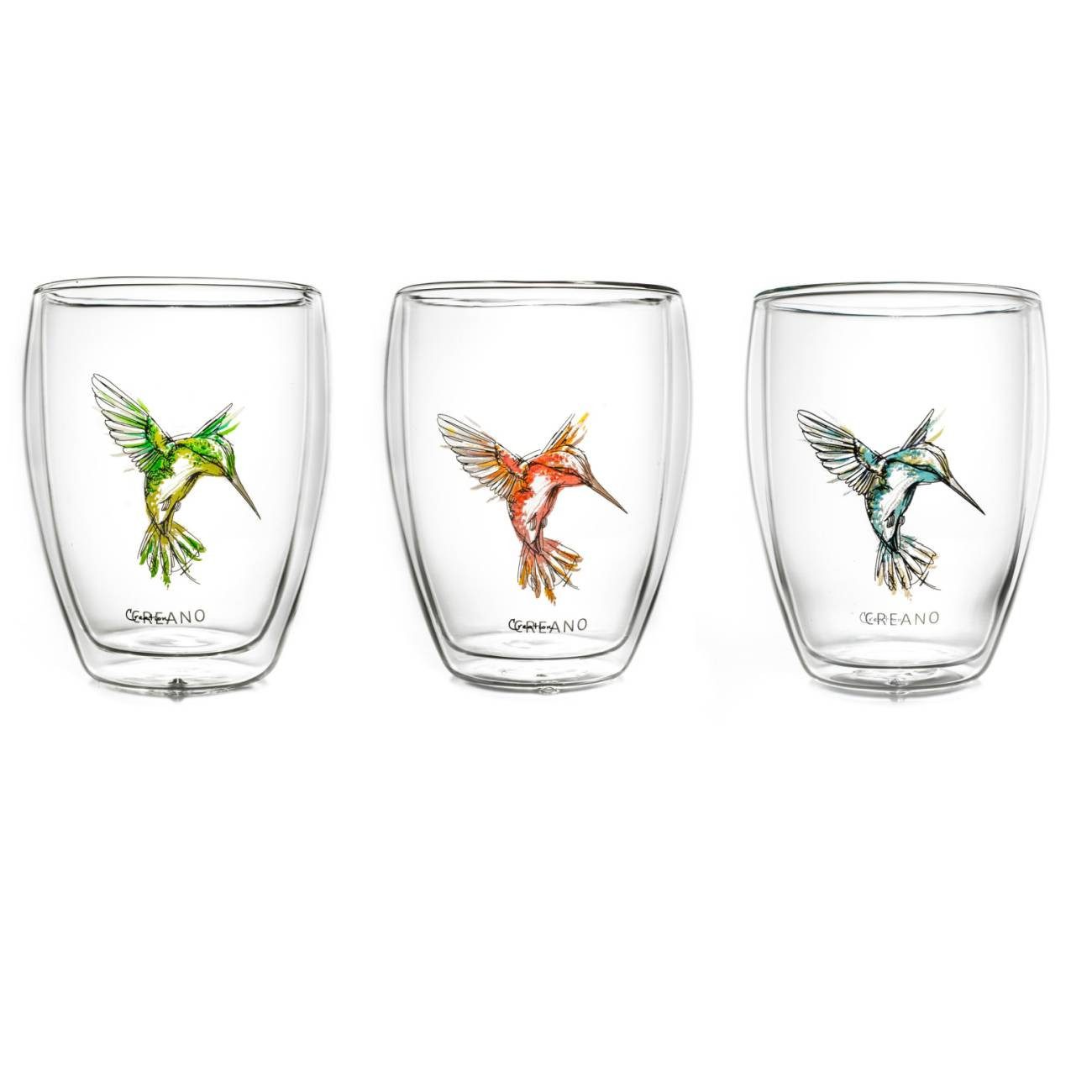 Creano Teeglas 3er Set Thermoglas "hummi", rot, grün, blau, 250ml, Glas, 3x bedrucktes Glas