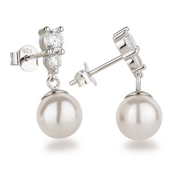 Schöner-SD Perlenohrringe Kleine Ohrringe mit Perle hängend und Zirkonia Kristall Stecker, 925 Silber Rhodium