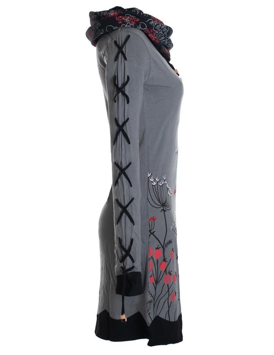 Vishes Jerseykleid Blumenkleid Langarm-Shirtkleid mit Schalkragen Hippie, Boho, Elfen Style