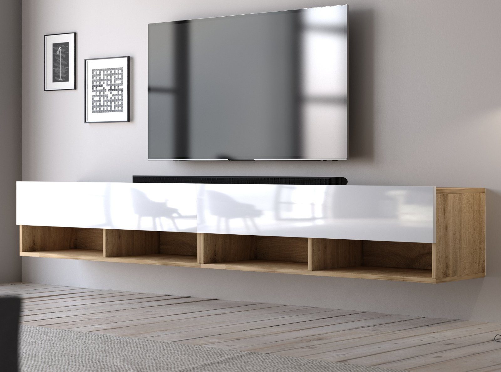 GuenstigEinrichten Lowboard Epsom (Flat-TV Board in Wotan Eiche und weiß oder schwarz, Breite 200 cm), Hochglanz