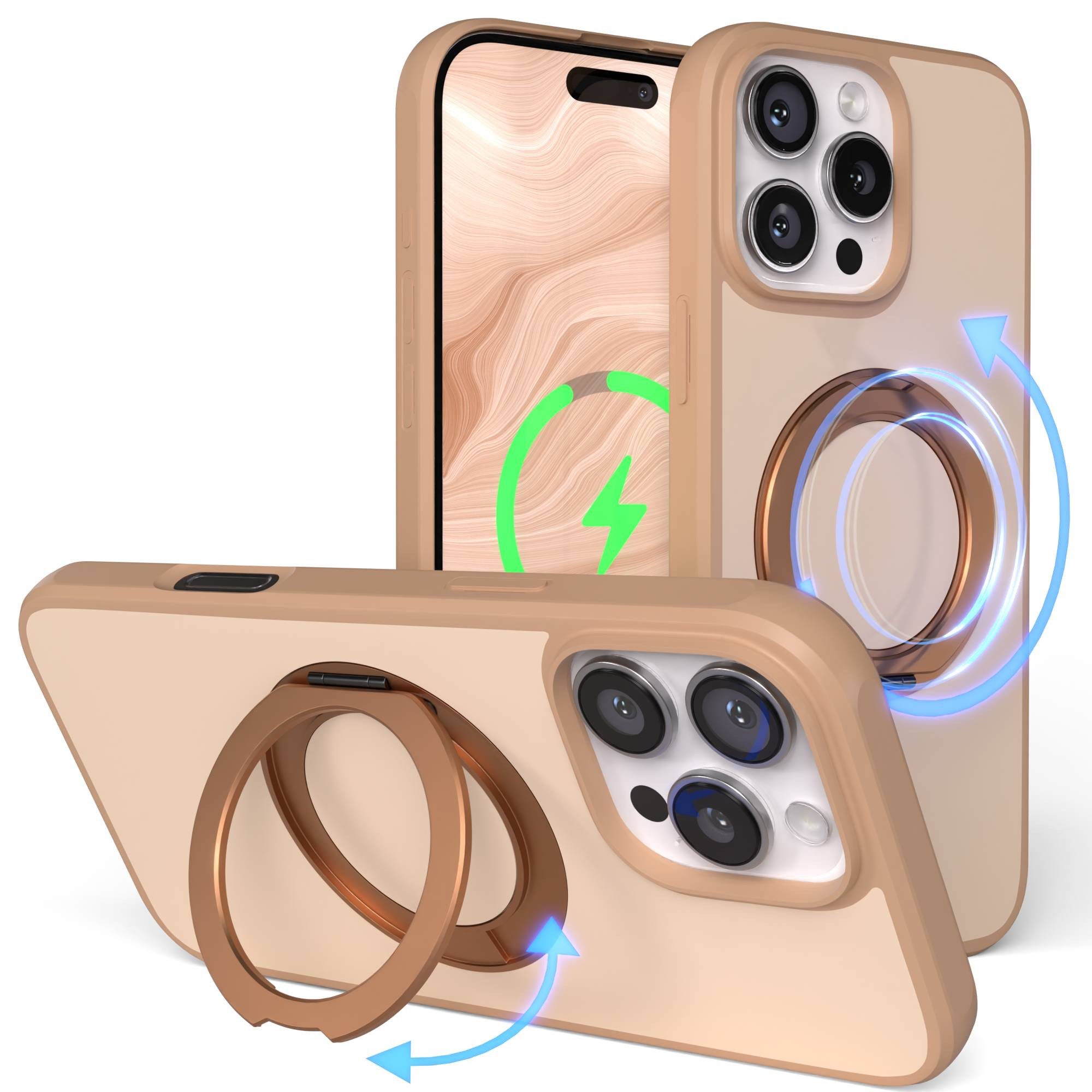 EAZY CASE Handyhülle Outdoor Apple iPhone 16 Pro Max Case MagSafe Rotation Ring 6,9 Zoll, Outdoor Case mit Ring zum Aufstellen für Videos kratzfest in Braun