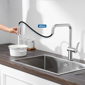 Auralum Küchenarmatur 360° Drehbar Ausziehbar Küchenarmatur 2 Brause Wasserhahn Edelstahl