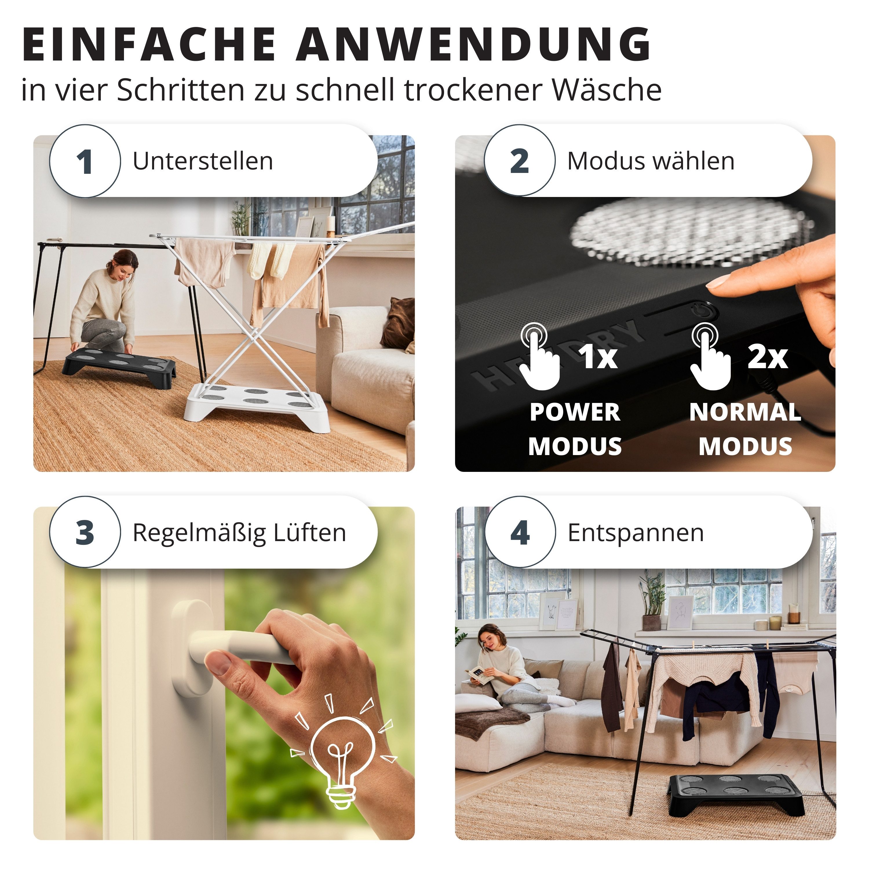 HEYDRY Elektrischer Wäschetrockner HEYDRY Lüfter für Wäscheständer, schnell & energiesparend trocknen, Made in Germany, mobiler Ventilator