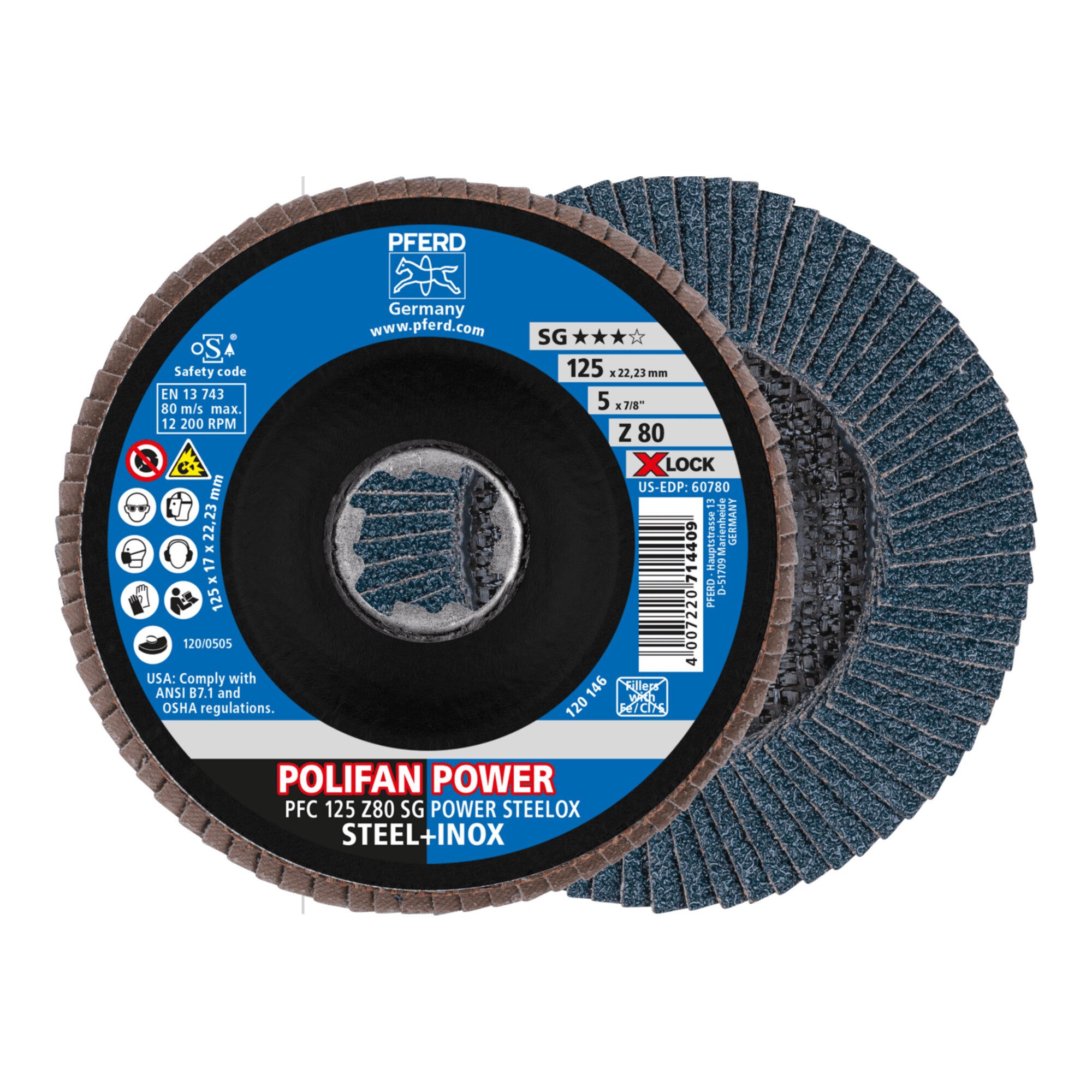 Pferd Schleifscheibe PFERD TOOLS POLIFAN POWER Fächerscheibe PFC 125 mm X-LOCK konisch Z80