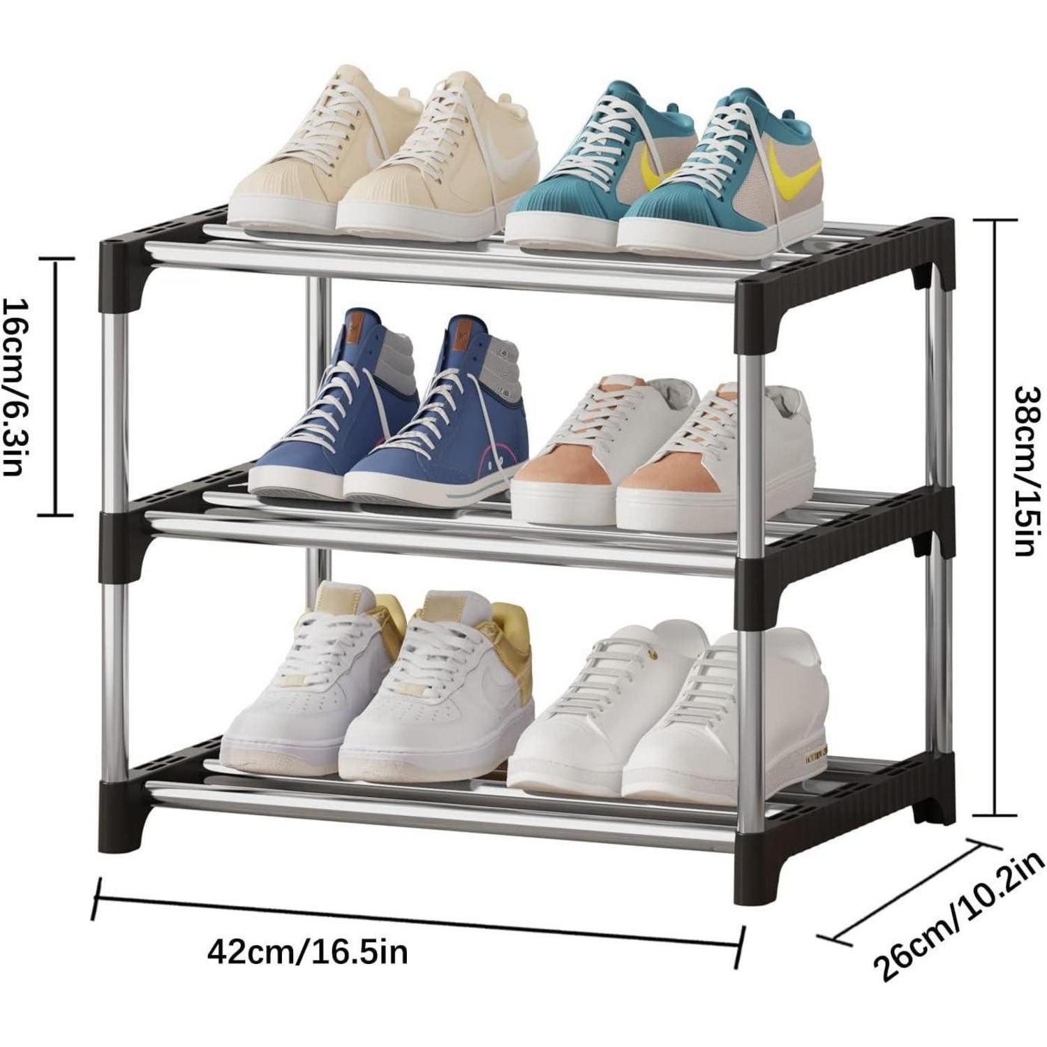 NIAWECAN Schuhregal Kleines stapelbares Schuhregal 3 Ebenen Organizer Schwarz