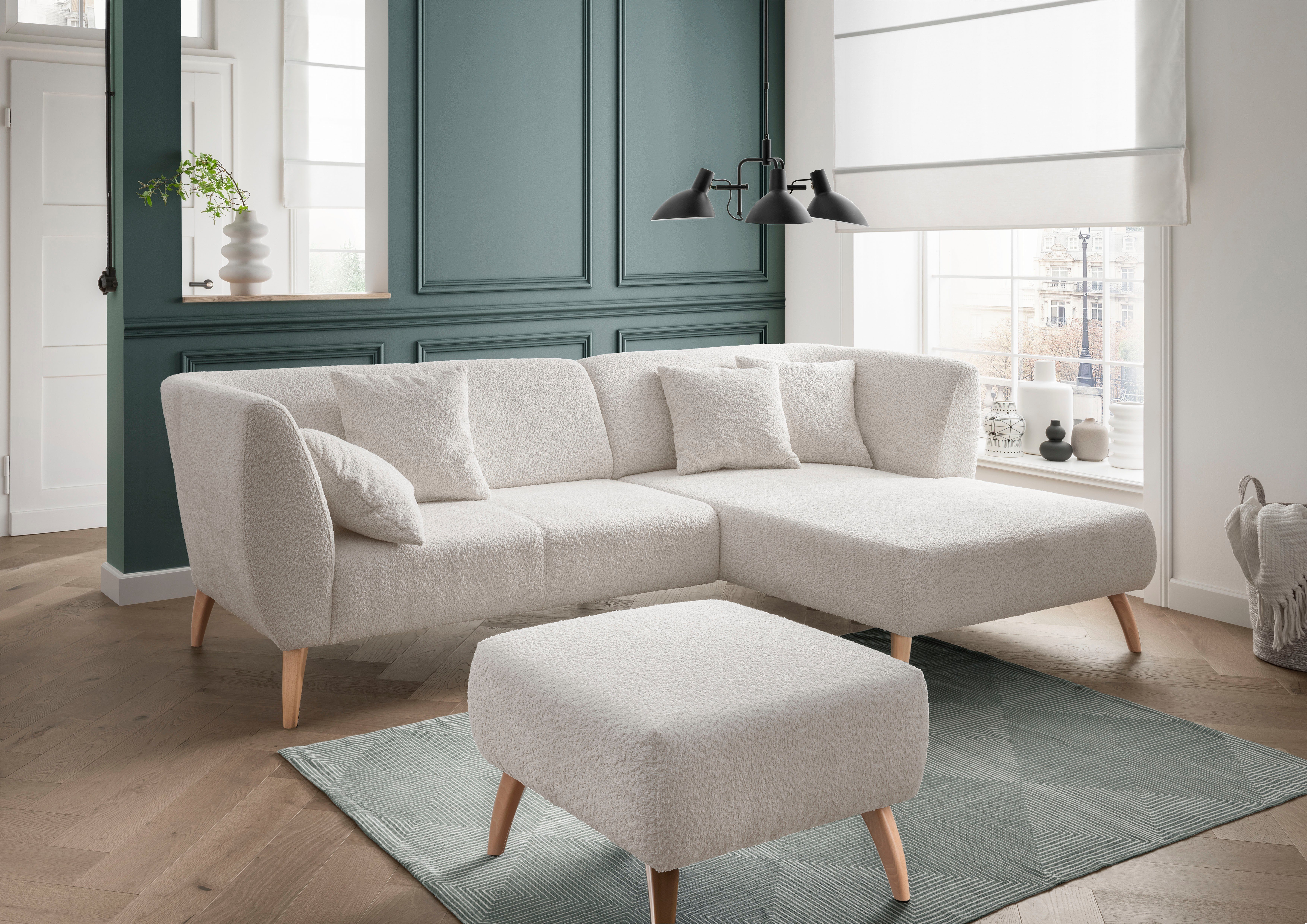 INOSIGN Ecksofa Colori, Zierkissen, 4x wählbar, Stoffe verschiedene Holzfußfarbe inkl