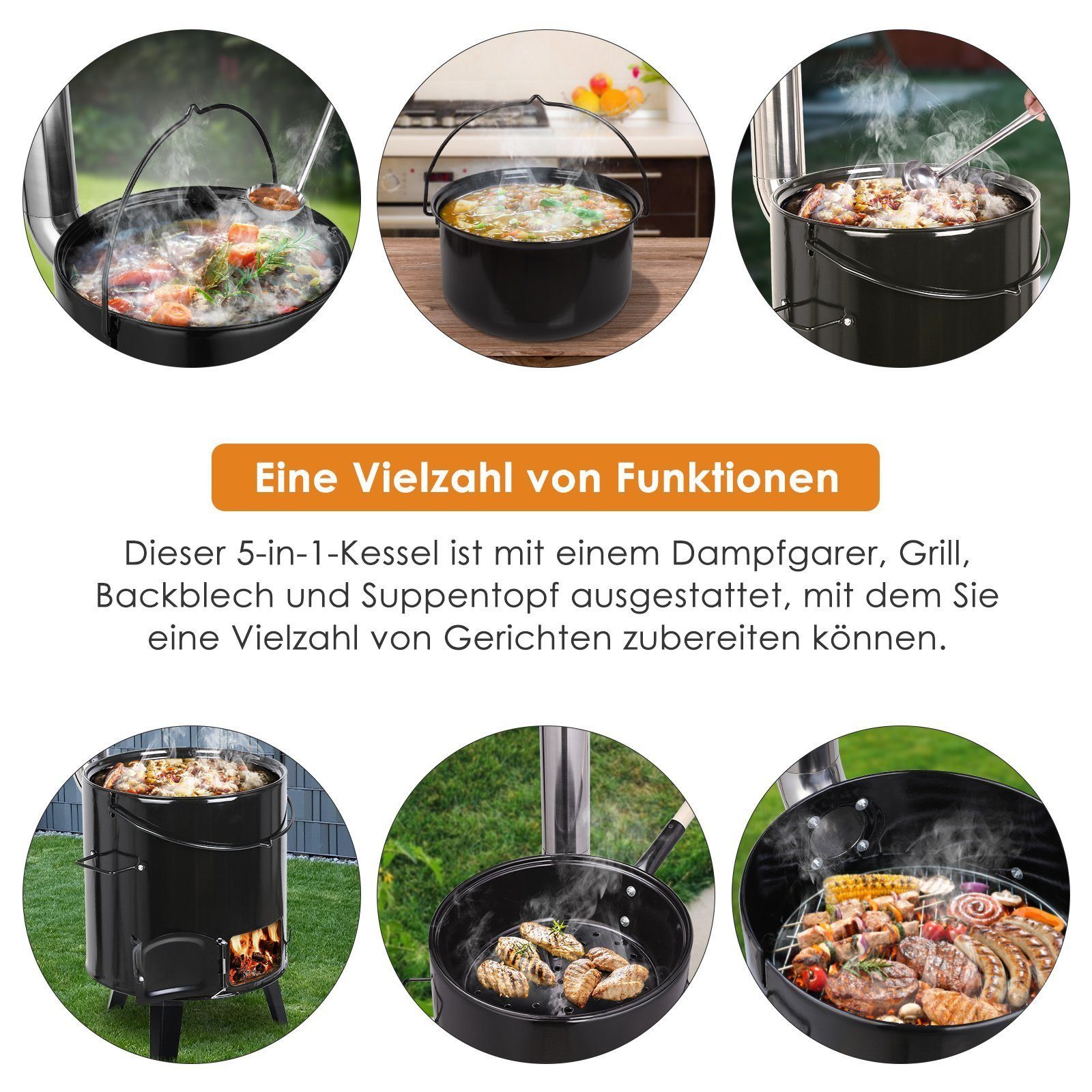 TLGREEN Holzkohlegrill 17+8L Gulaschkanone mit Thermometer & Zubehör, Multifunktionaler Schornsteintopf für Garten, Camping & Outdoor-Kochen, (Grillen, Schmoren – Bild 5 von 5