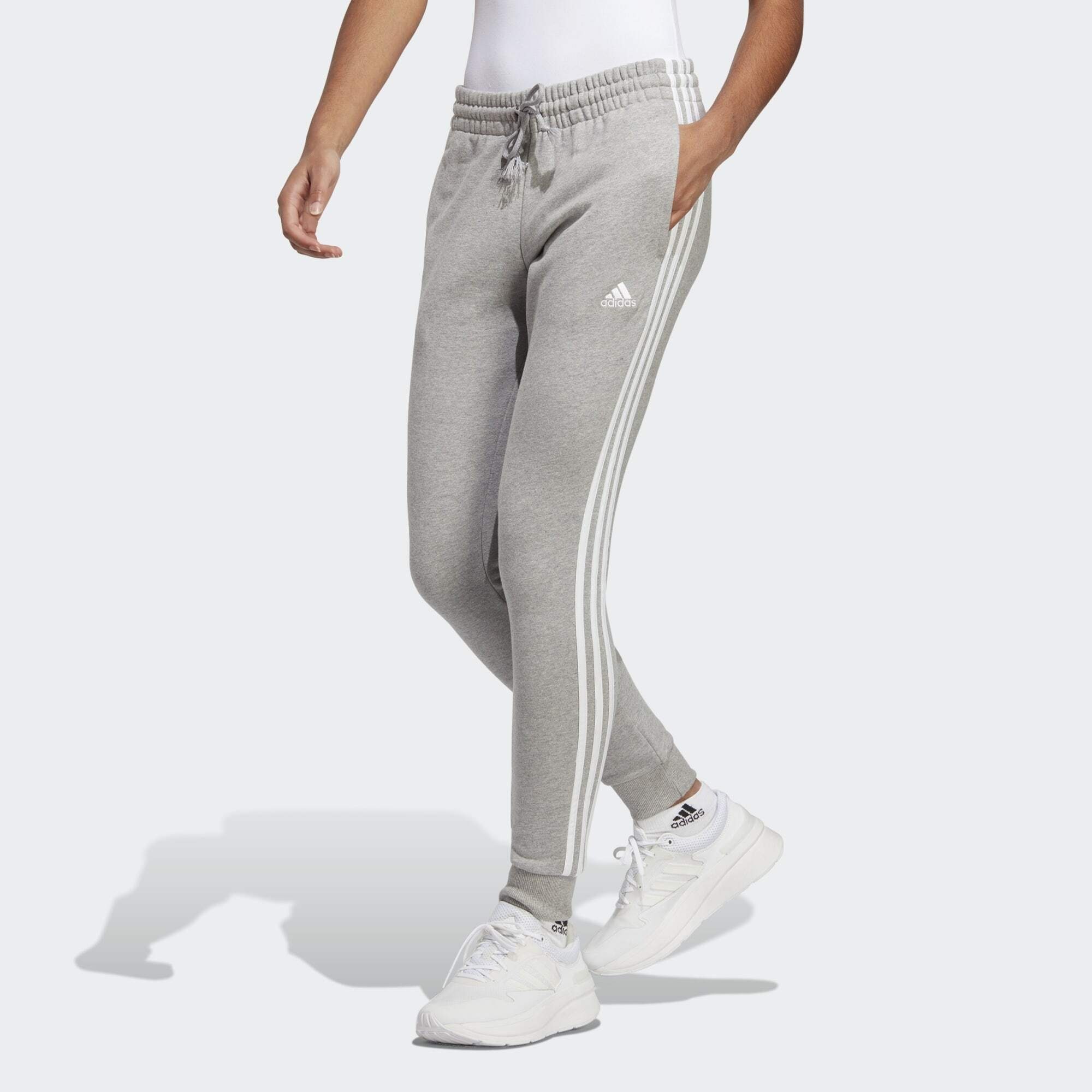 Sportswear ESSENTIALS Grey Heather Jogginghose / HOSE Medium CUFFED White 3-STREIFEN TERRY adidas FRENCH