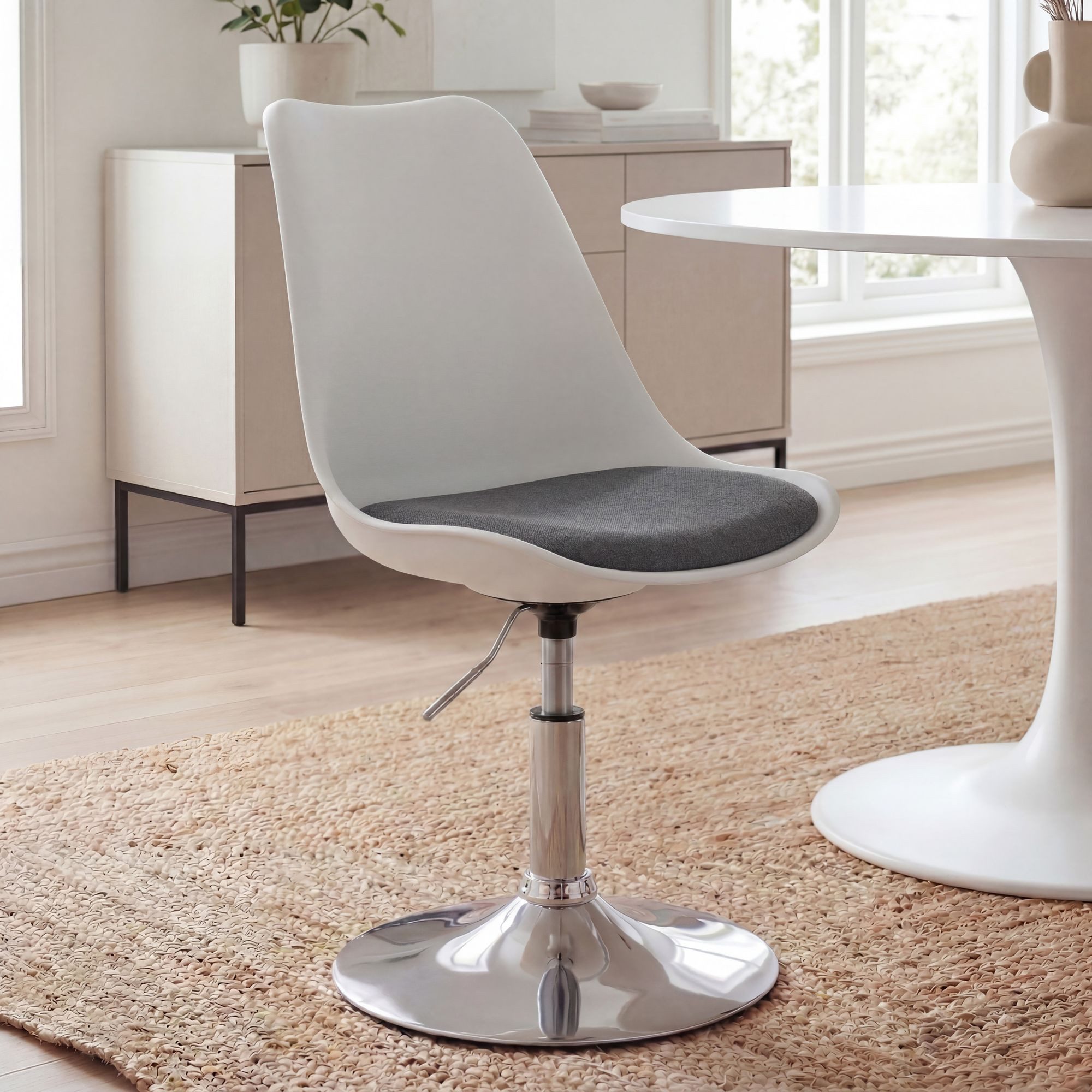 FINEBUY Esszimmerstuhl Drehsessel Höhenverstellbar Design Drehstuhl Drehbar (Drehsessel Stoff Esszimmerstuhl Weiß / Grau), Drehsessel, Küchenstuhl Höhenverstellbar