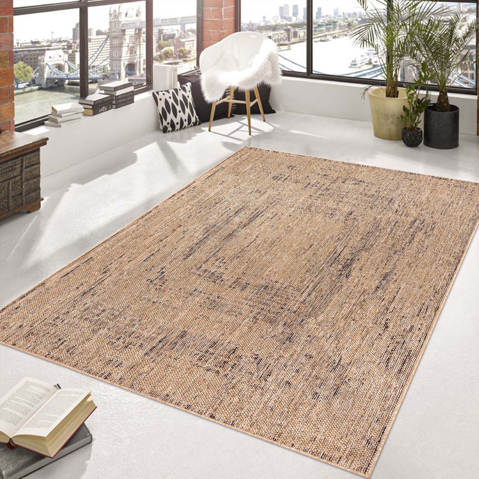 TaraCarpet Teppich Outdoor & Indoor Teppich wetterfest Borneo Sisal-Jute-Optik naturfarbe, rechteckig, Höhe: 10 mm, Balkon Terrasse Wintergarten kariert nat. Wohnzimmer Esszimmer 80X150