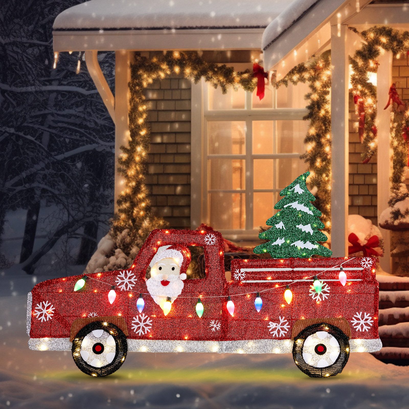 VINGLI Weihnachtsmann - Аксессуары для дома im Pickup mit Weihnachtsbaum, 2D Weihnachtsdeko, mit 100 Warmweißen LEDs und Multicolor Lichterkette, mit Erdhaken