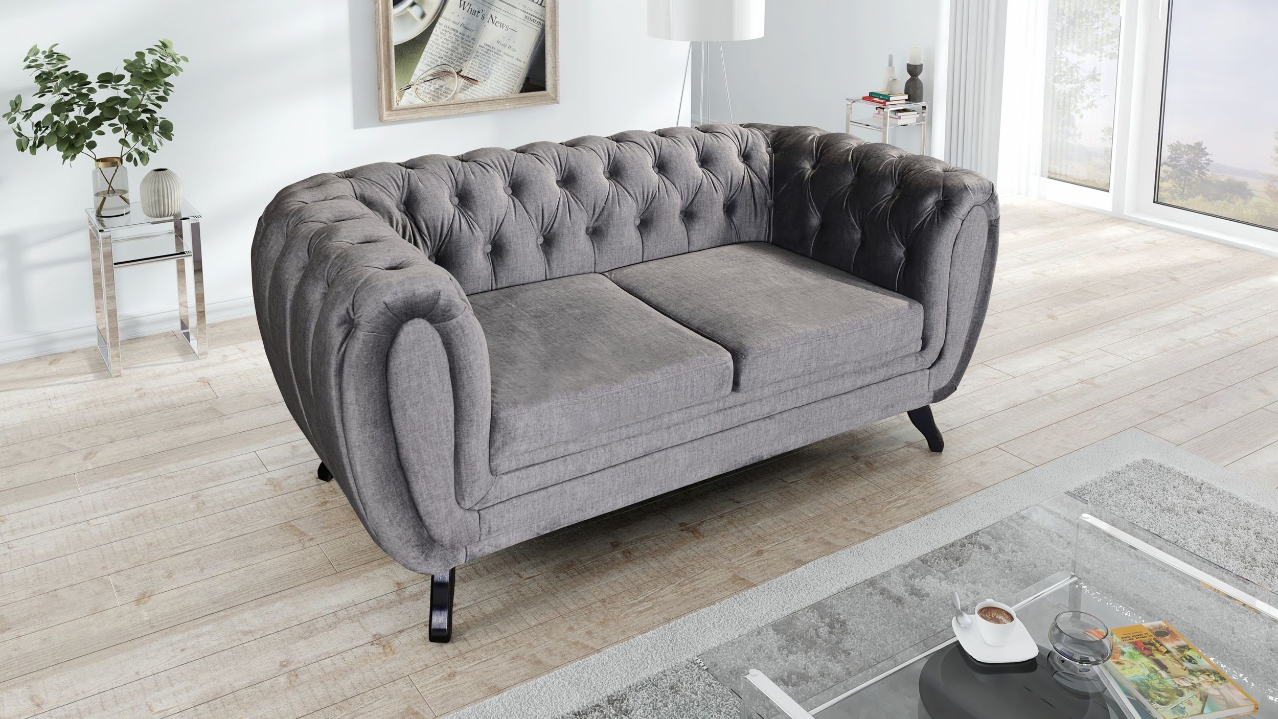 Sofa Edles Sofa 2 Sitzer Velours grau Couch Polstersofa Wohnlandschaft