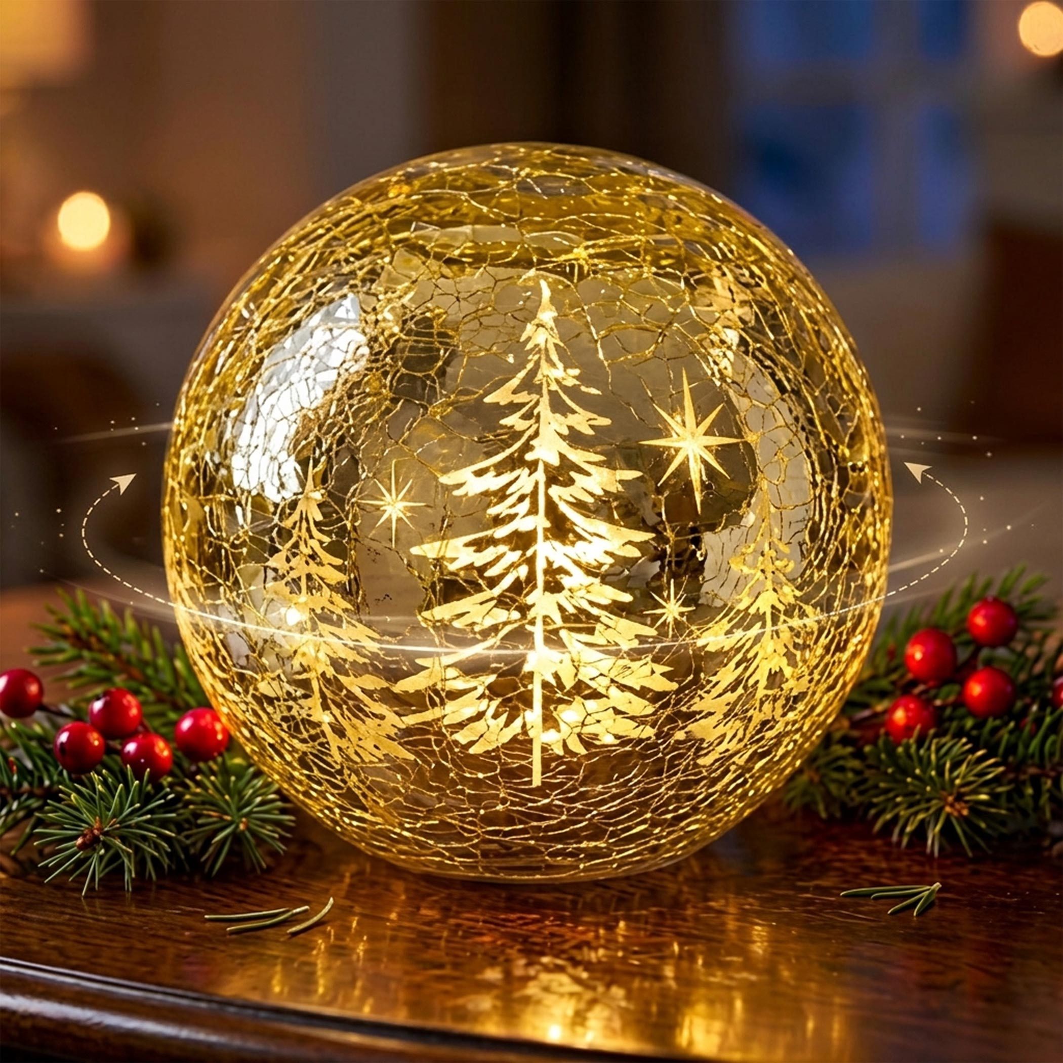 Spetebo LED Kugelleuchte Weihnachtskugel aus Crackle-Glas gold drehend mit Timer, drehend mit Timer, LED fest integriert, warm weiß, drehend und mt Timer