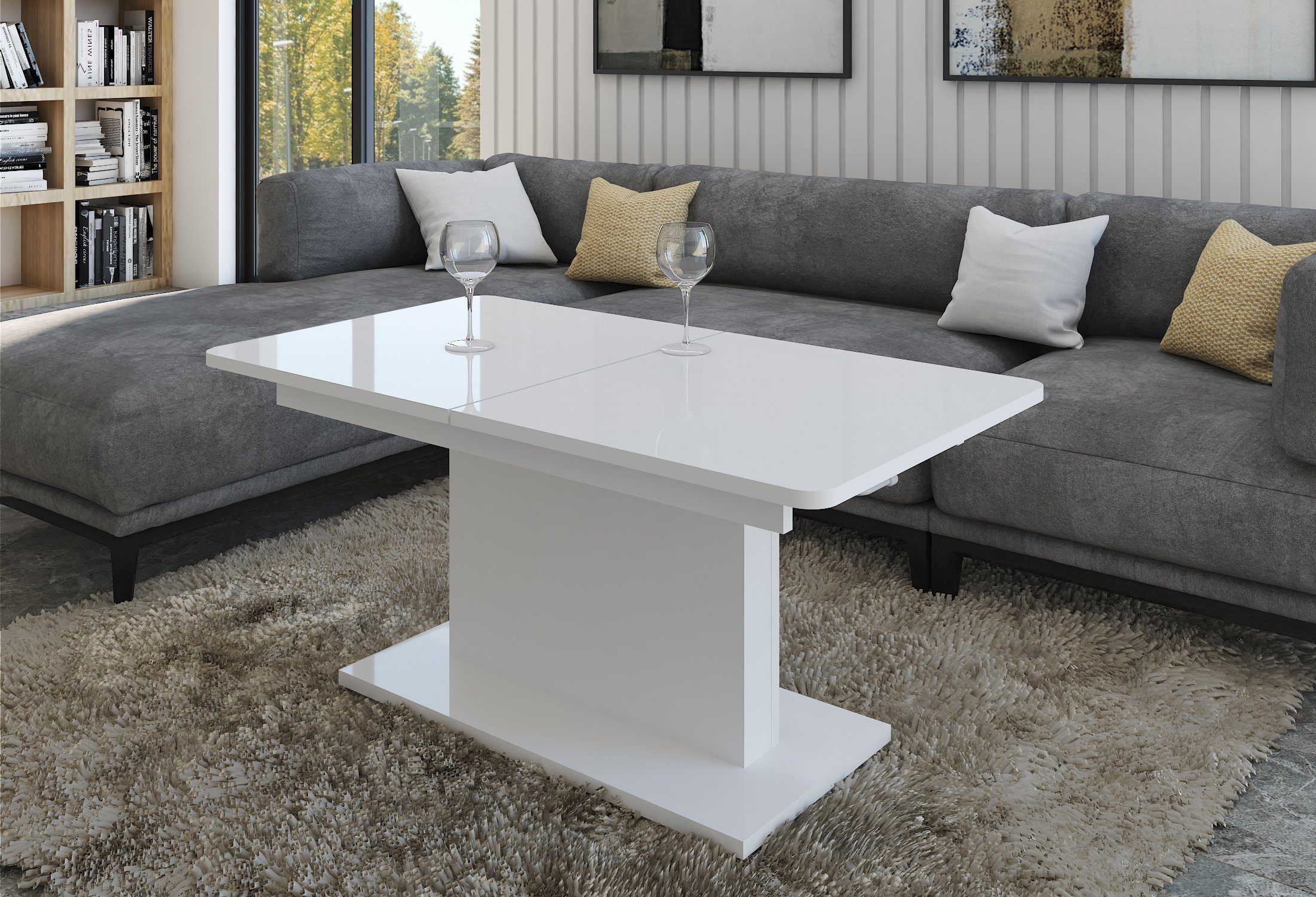 designimpex Couchtisch DC-1 Weiß Hochglanz stufenlos höhenverstellbar ausziehbar Esstisch, Funktionstisch, Wohnzimmertisch, Tisch, Esstisch, Sofatisch – Bild 3 von 5