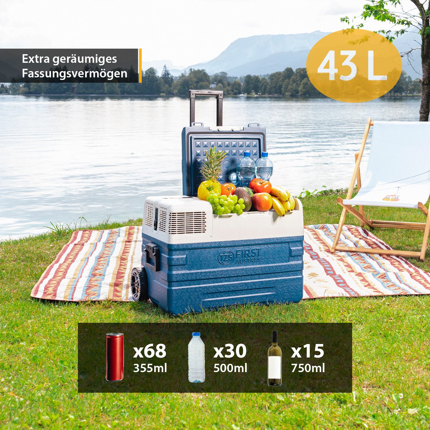 TZS FIRST AUSTRIA Elektrische Kühlbox Kompressor Kühlbox, 43 L, -20°C bis +20°C, Trolleyfunktion, MAX/ECO, Innenbeleuchtung, USB-Anschluss, Display oder App, Tragegriffe